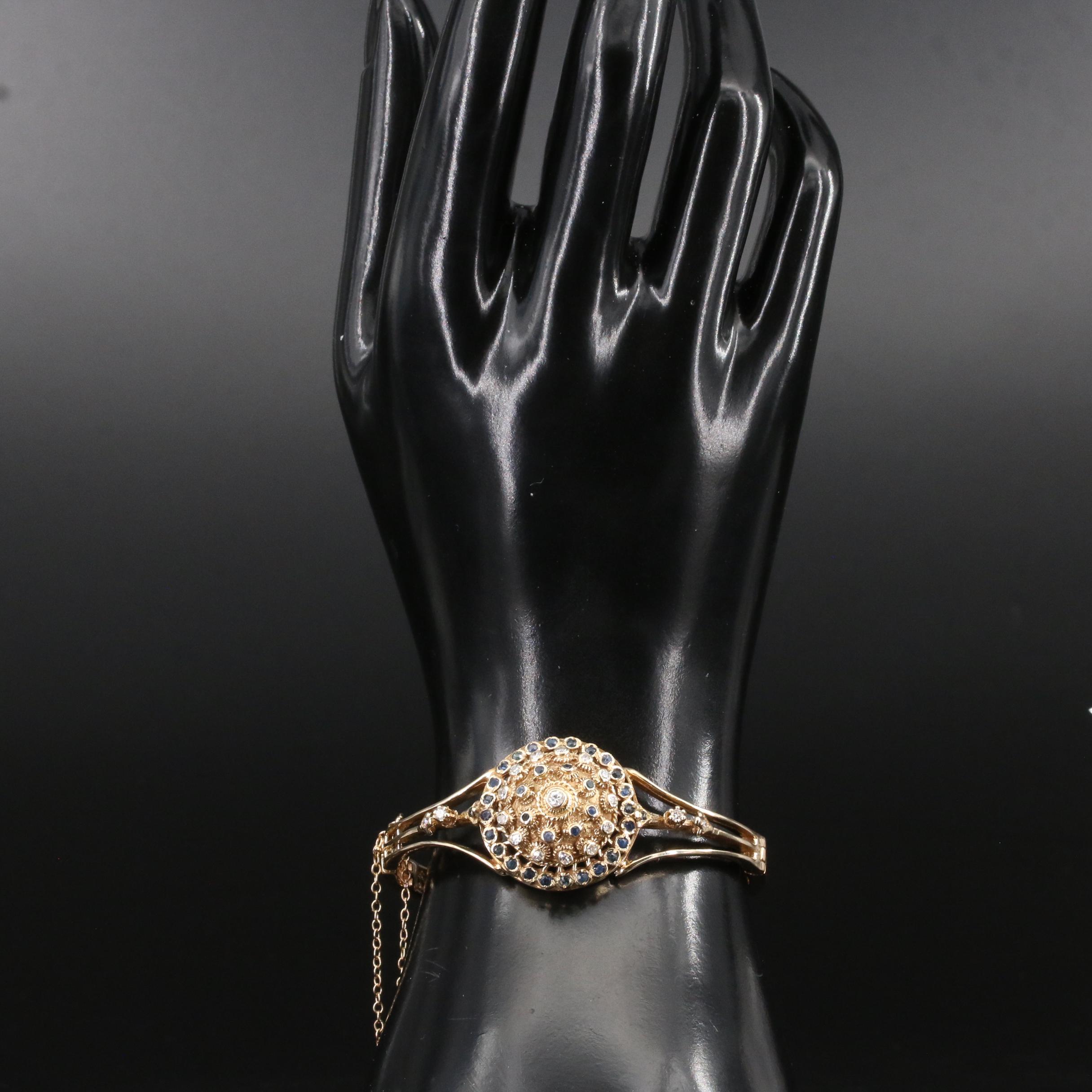 14K Diamond and Sapphire Hinged Bangle with Cannetille