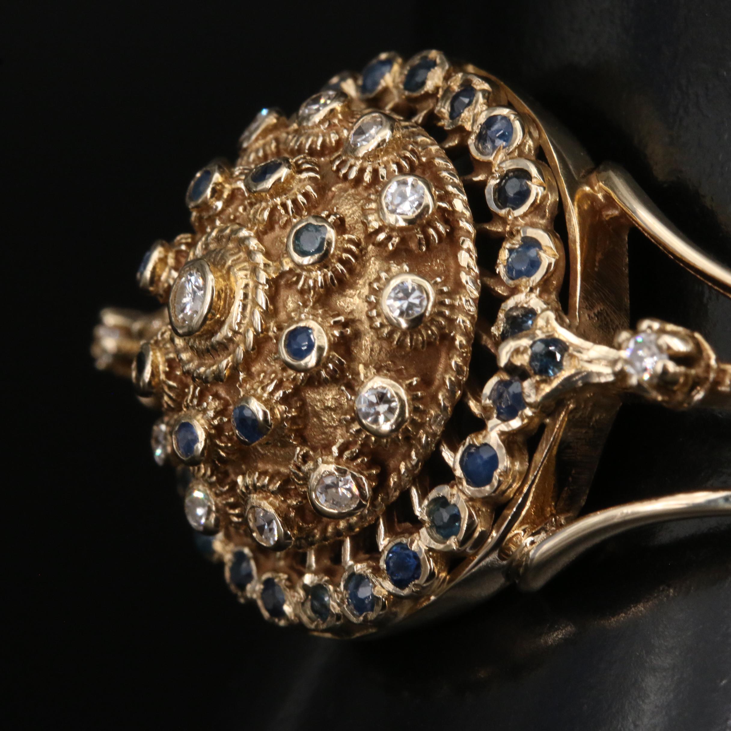 14K Diamond and Sapphire Hinged Bangle with Cannetille