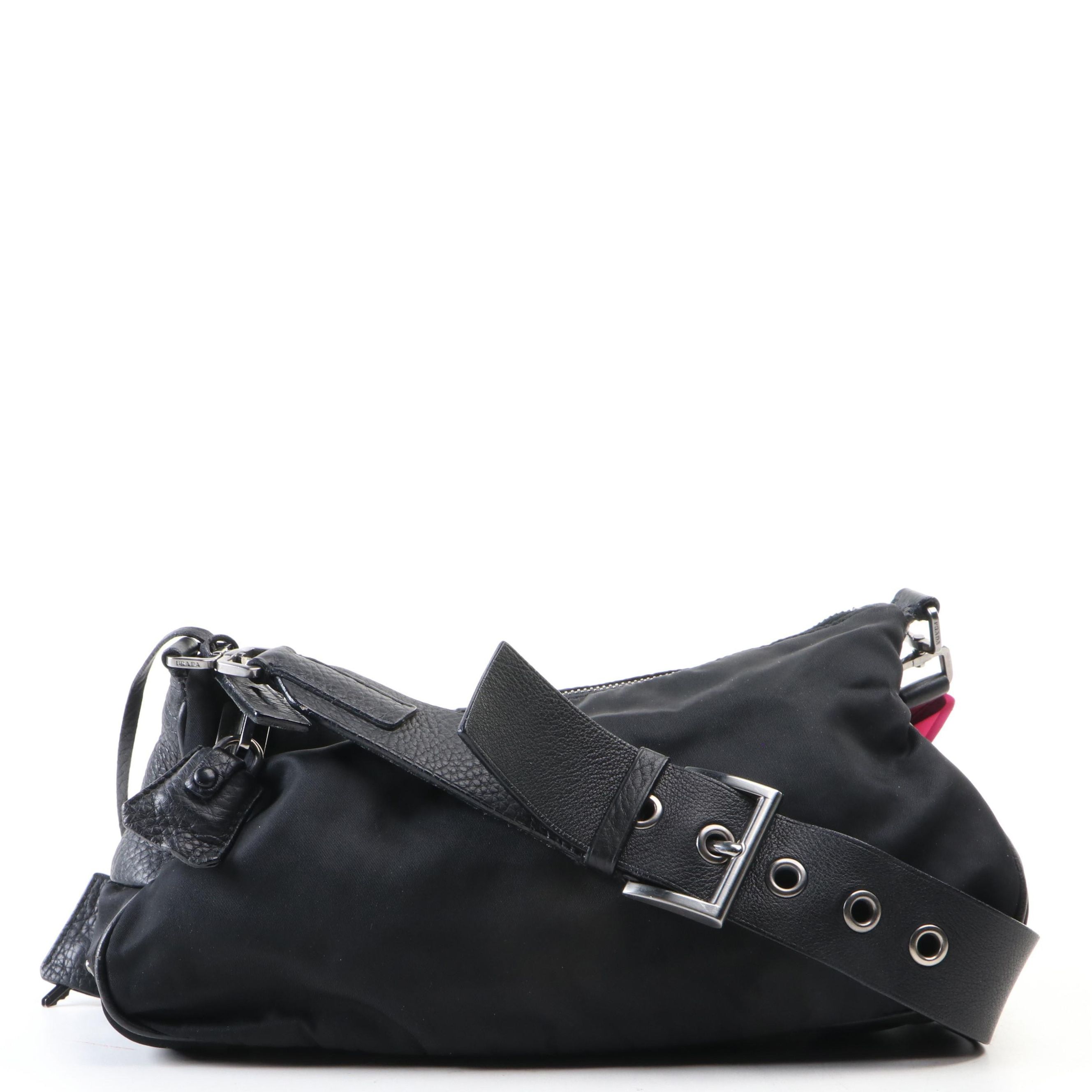 Prada Small Zip Baguette Shoulder in Black Nylon Gabardine and Leather