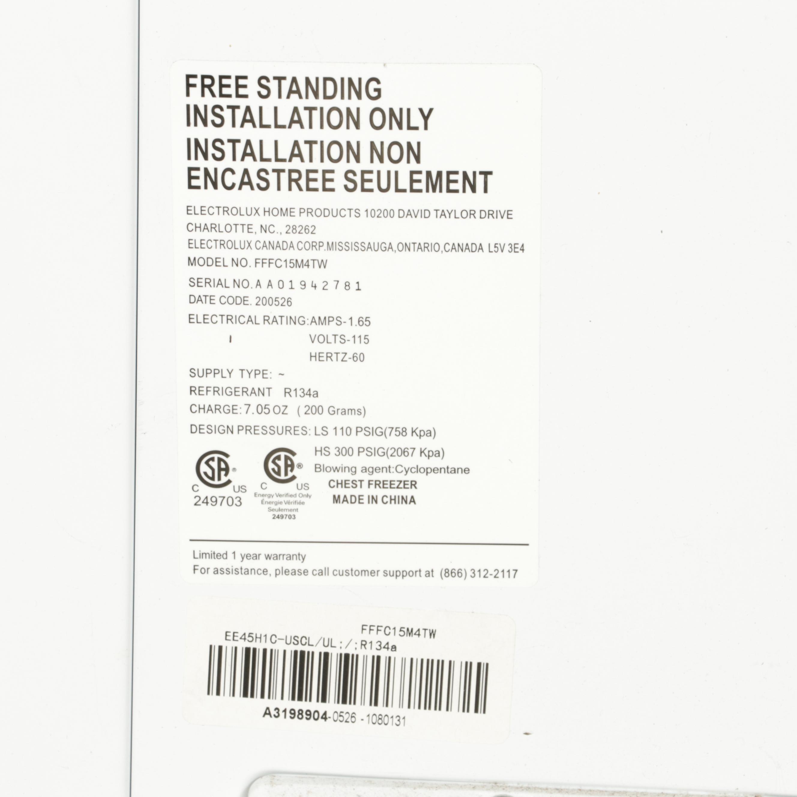 Frigidaire 14.8 Cu. Ft. White Chest Freezer on Casters