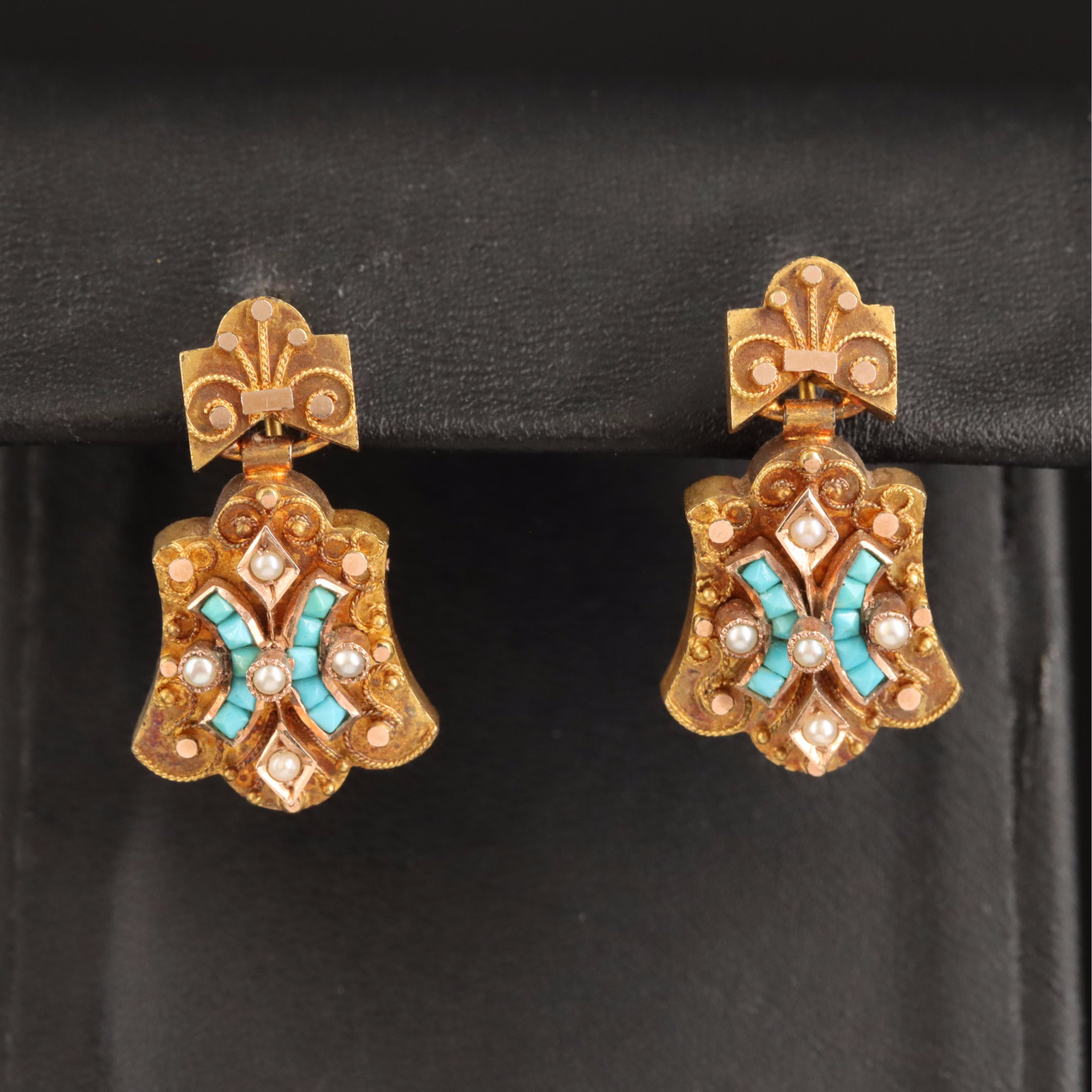 Antique 14K Turquoise and Seed Pearl Earrings