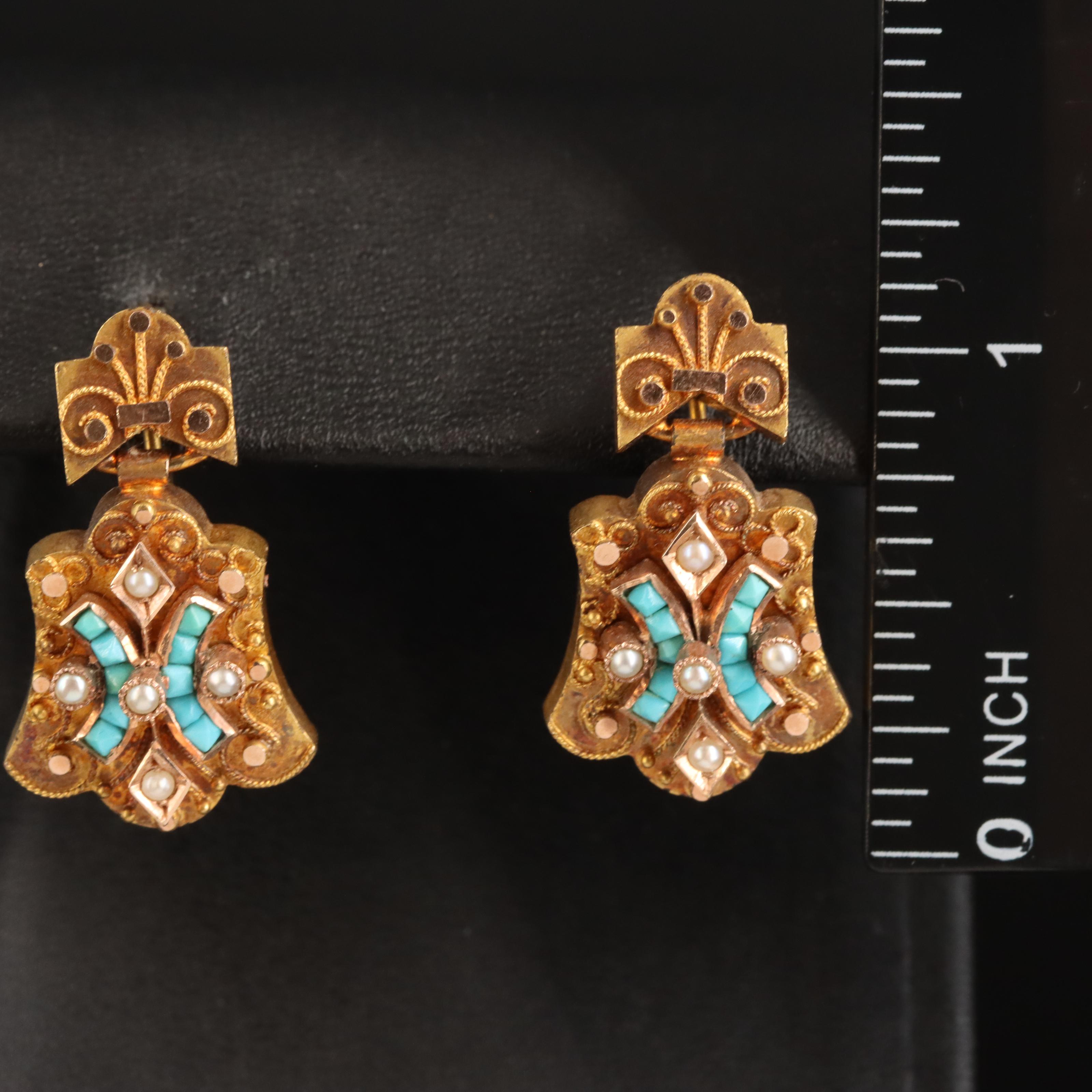 Antique 14K Turquoise and Seed Pearl Earrings