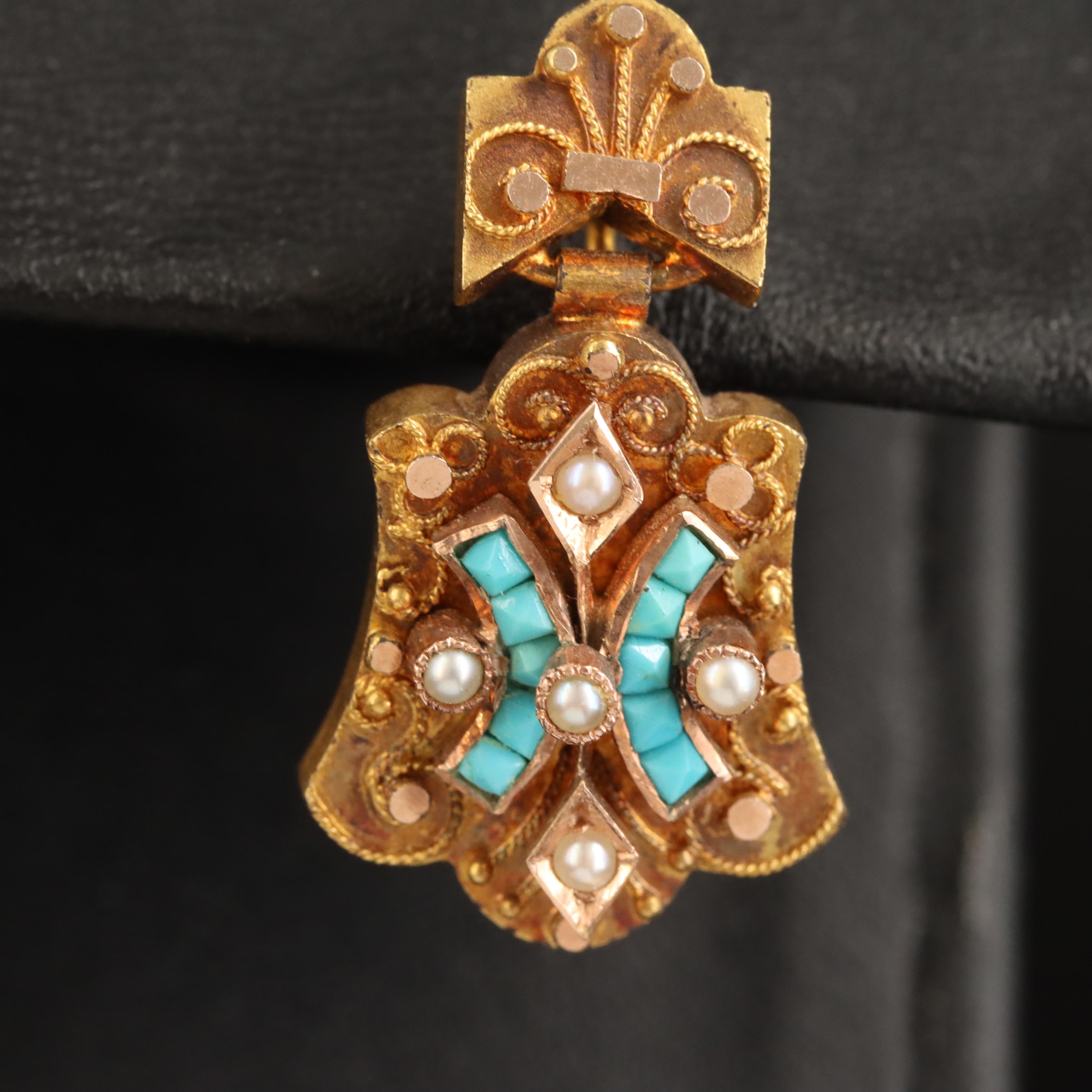 Antique 14K Turquoise and Seed Pearl Earrings