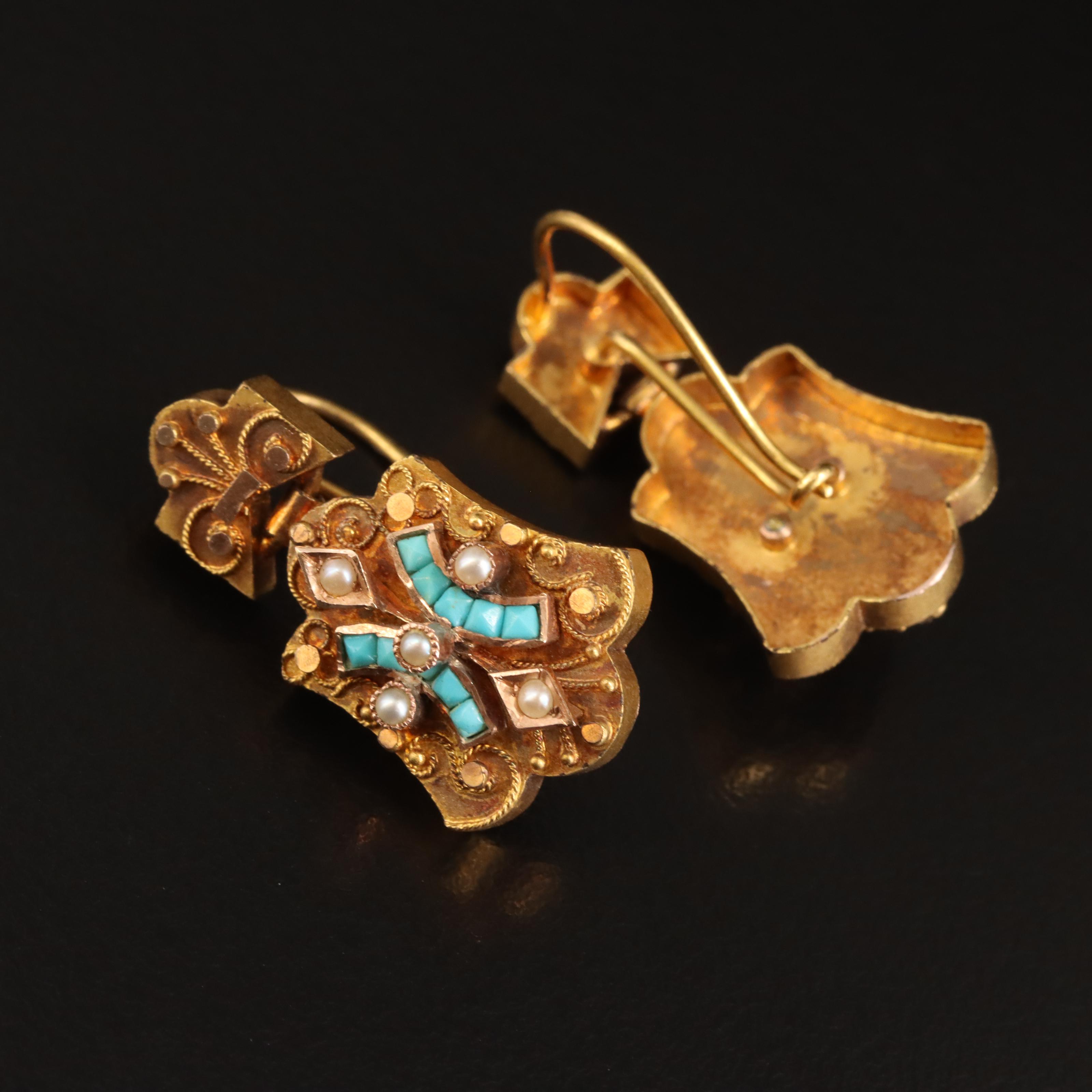 Antique 14K Turquoise and Seed Pearl Earrings