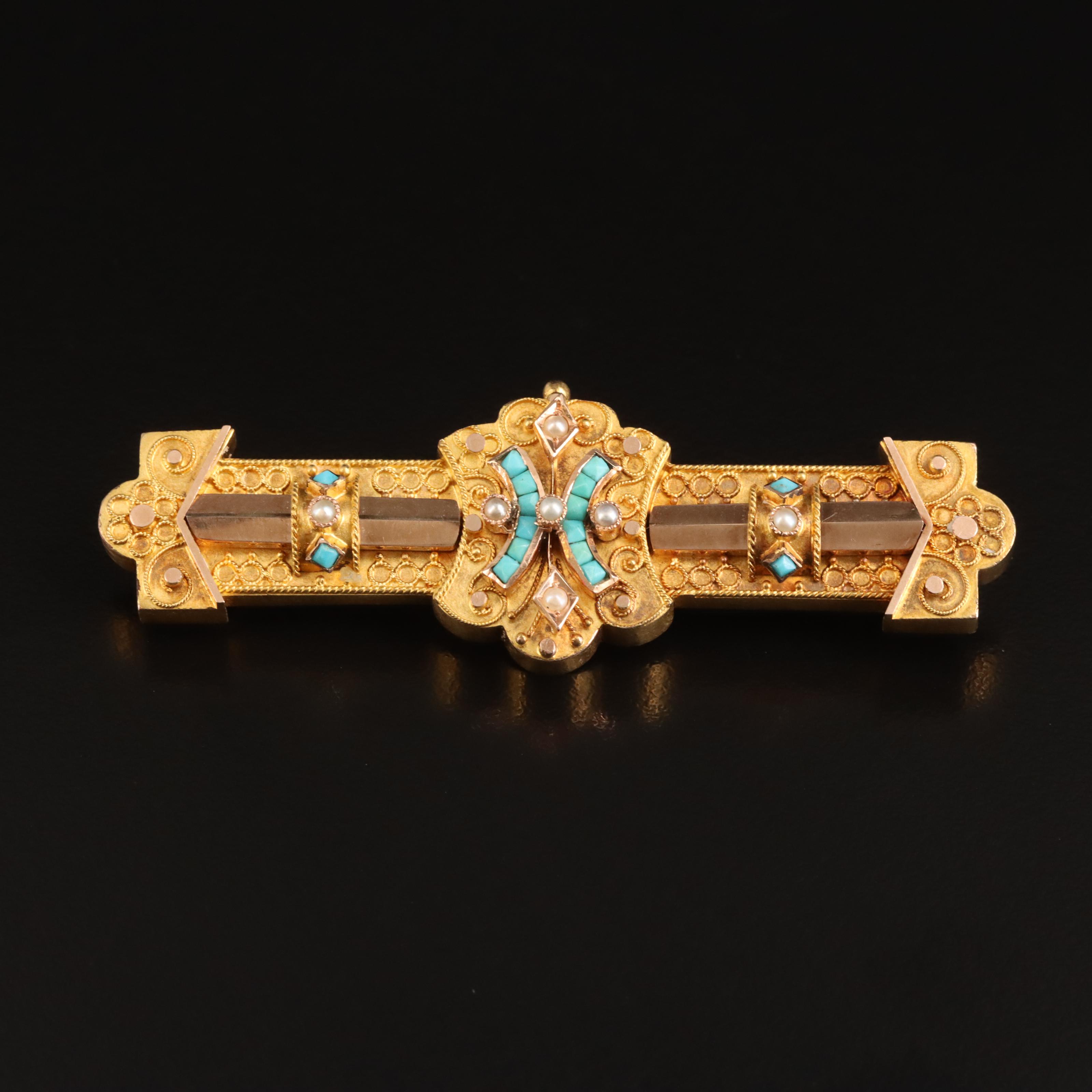 Victorian 14K Turquoise and Seed Pearl Brooch