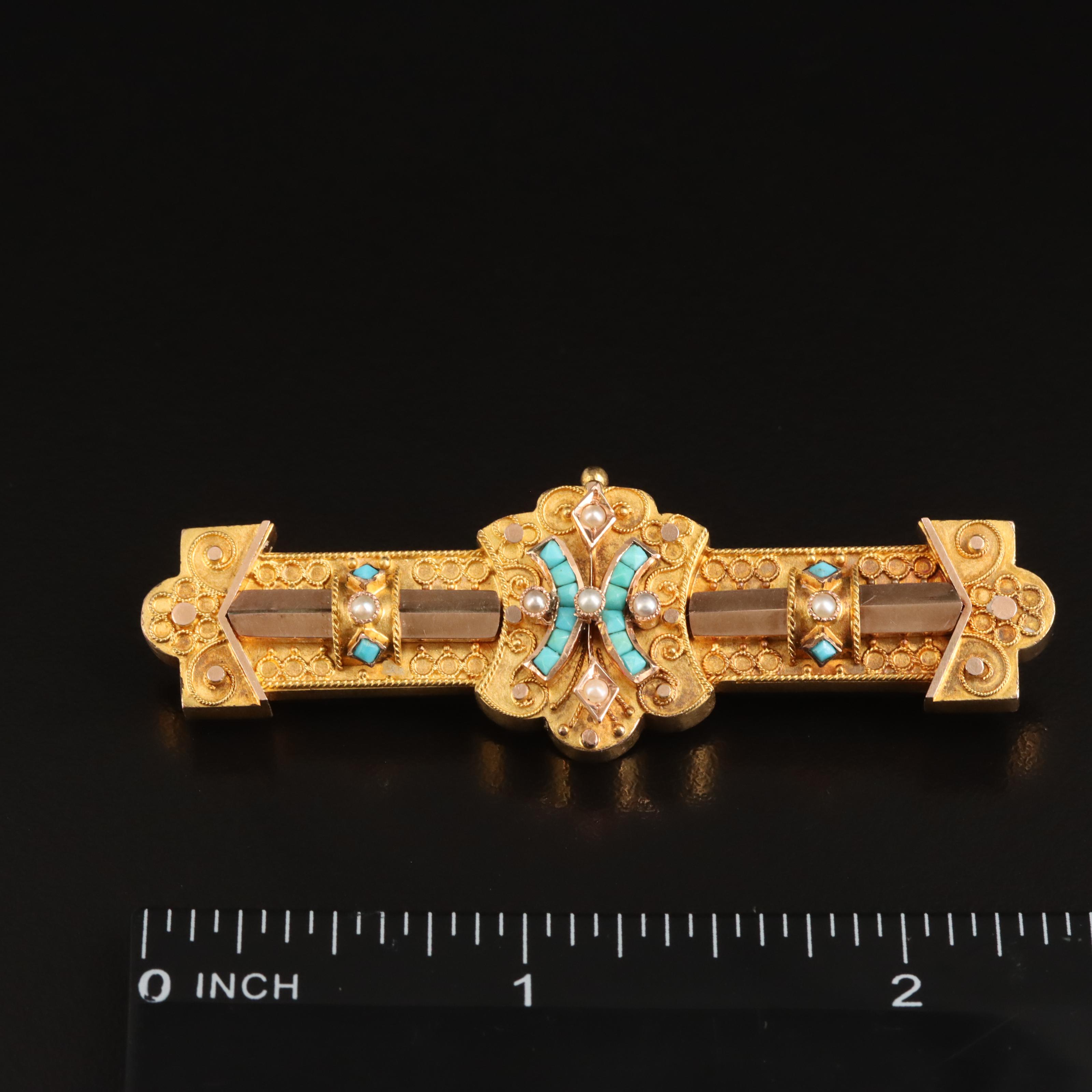 Victorian 14K Turquoise and Seed Pearl Brooch