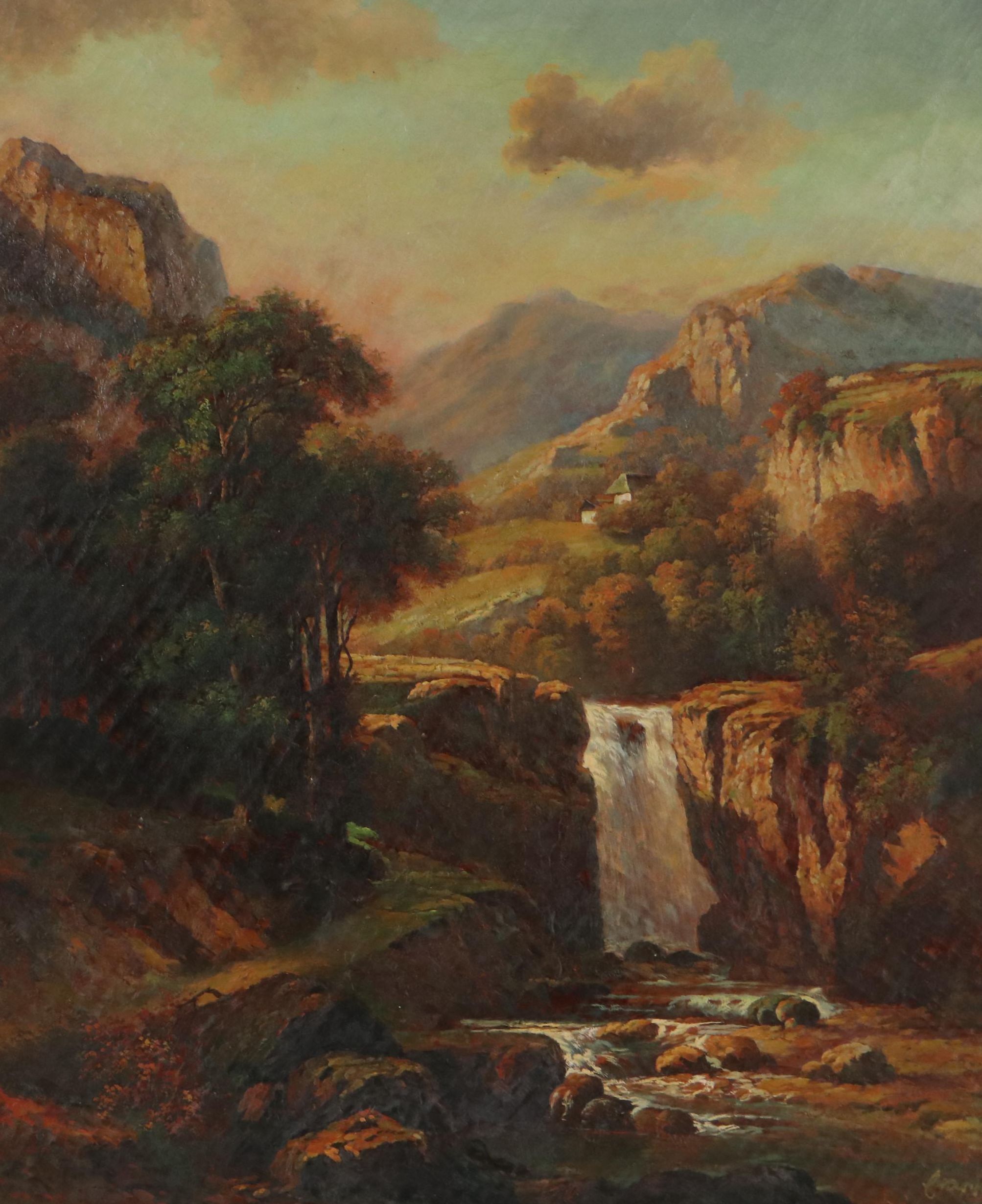 Romantic Landscape Oil Painting of Waterfall