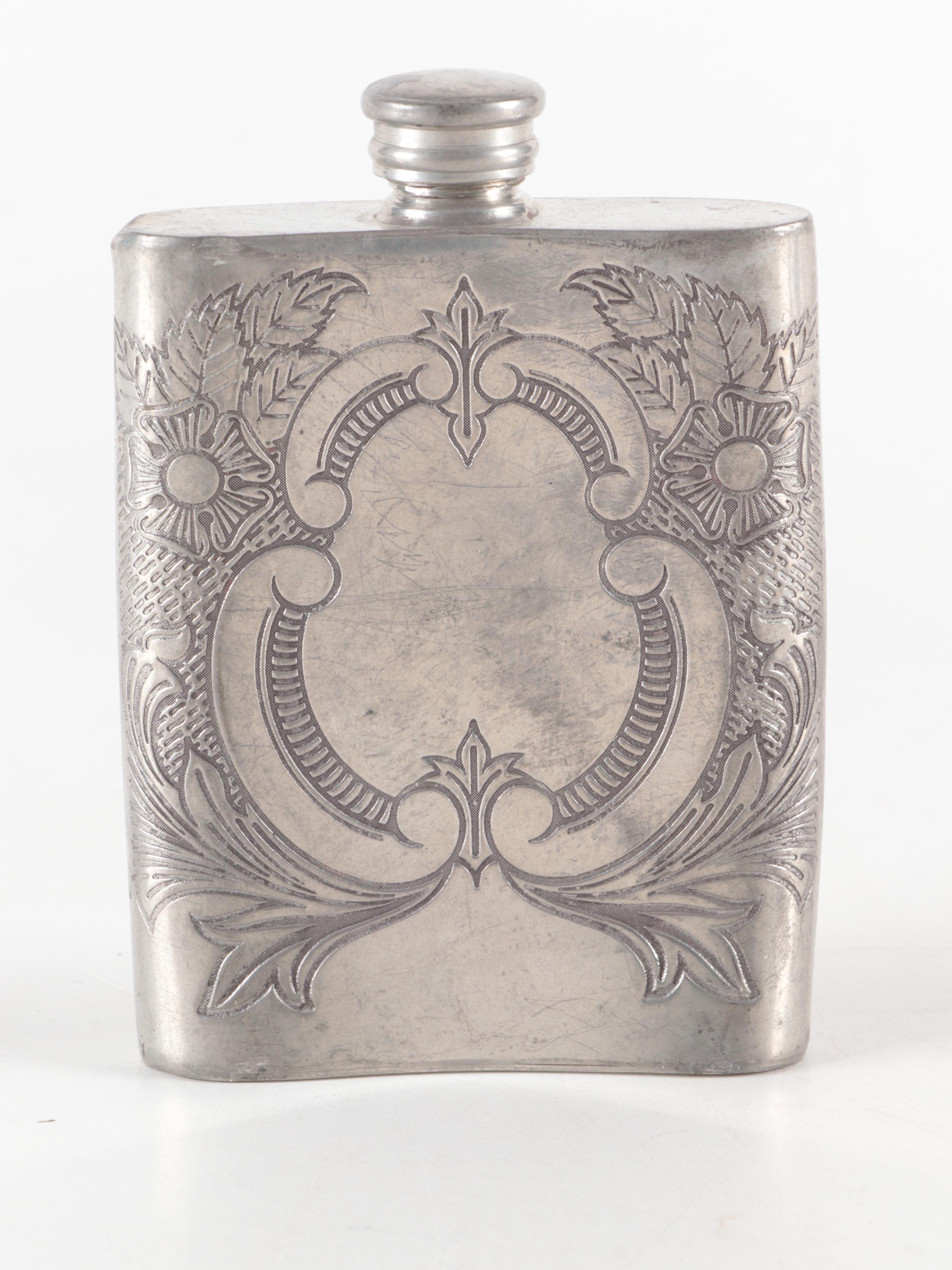 Sheffield English Pewter Chased Flask with German 1927 Famous Landmark Calendar