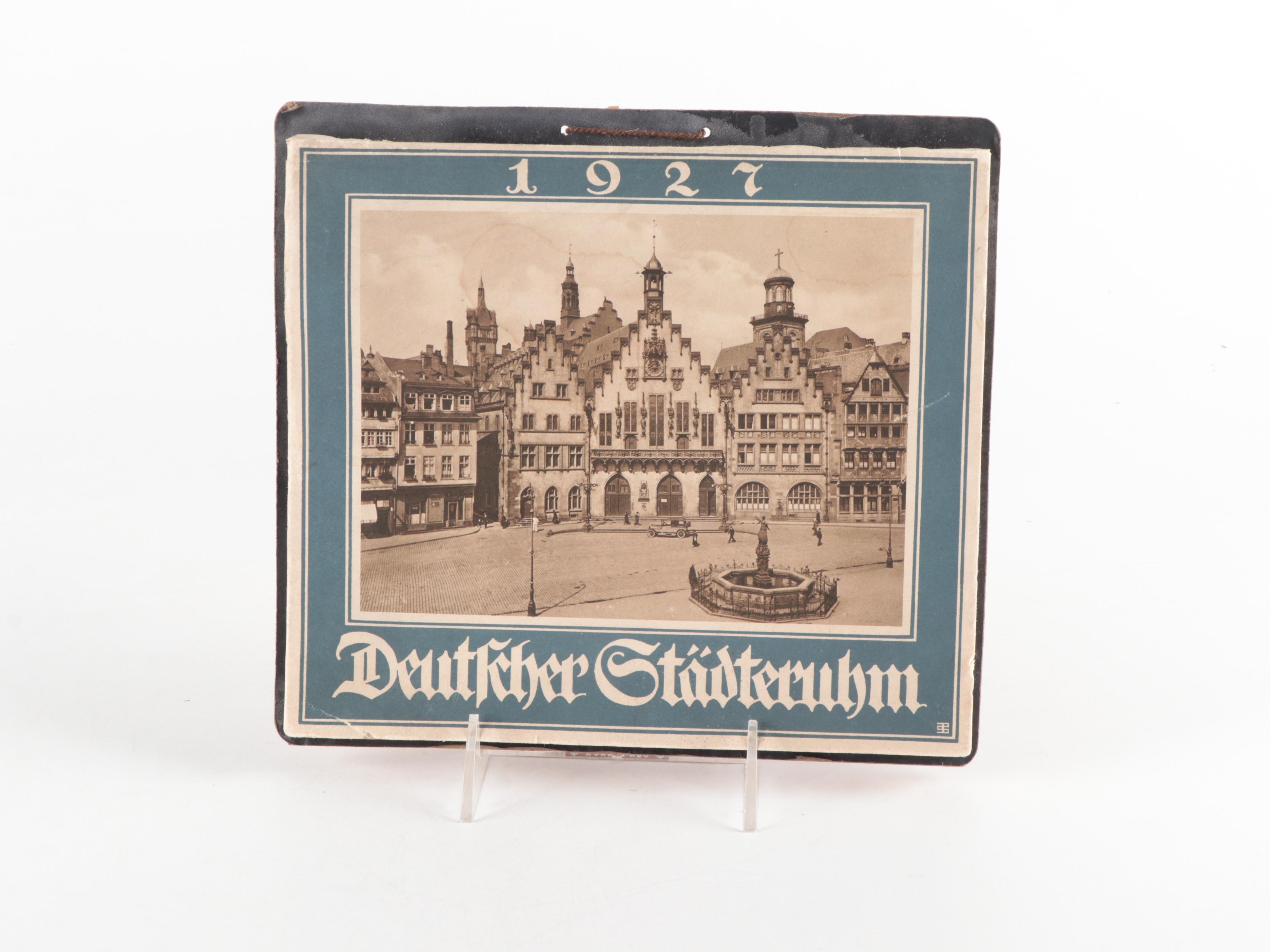 Sheffield English Pewter Chased Flask with German 1927 Famous Landmark Calendar