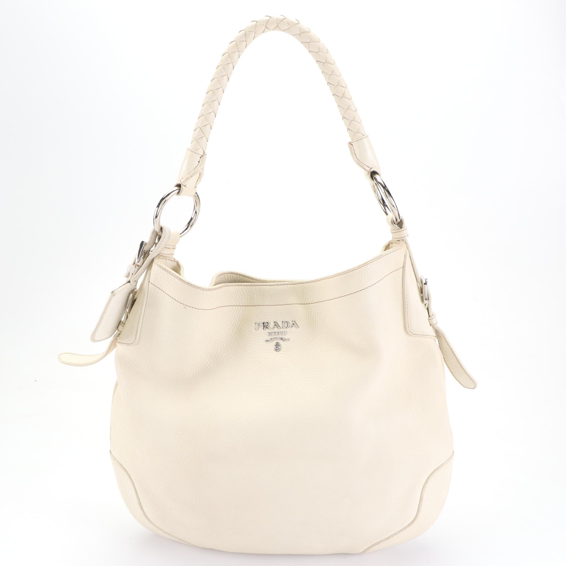 Prada Hobo Bag in Off-White Grained Leather