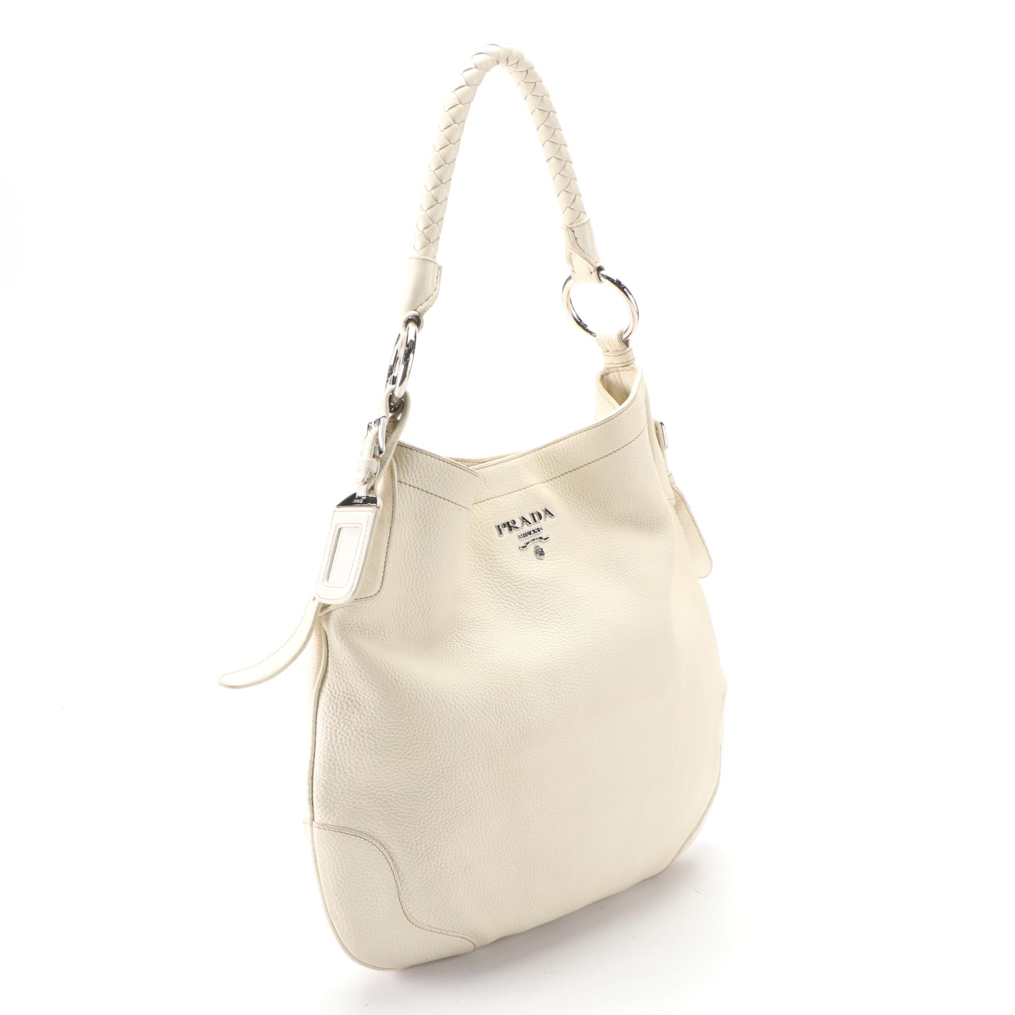 Prada Hobo Bag in Off-White Grained Leather