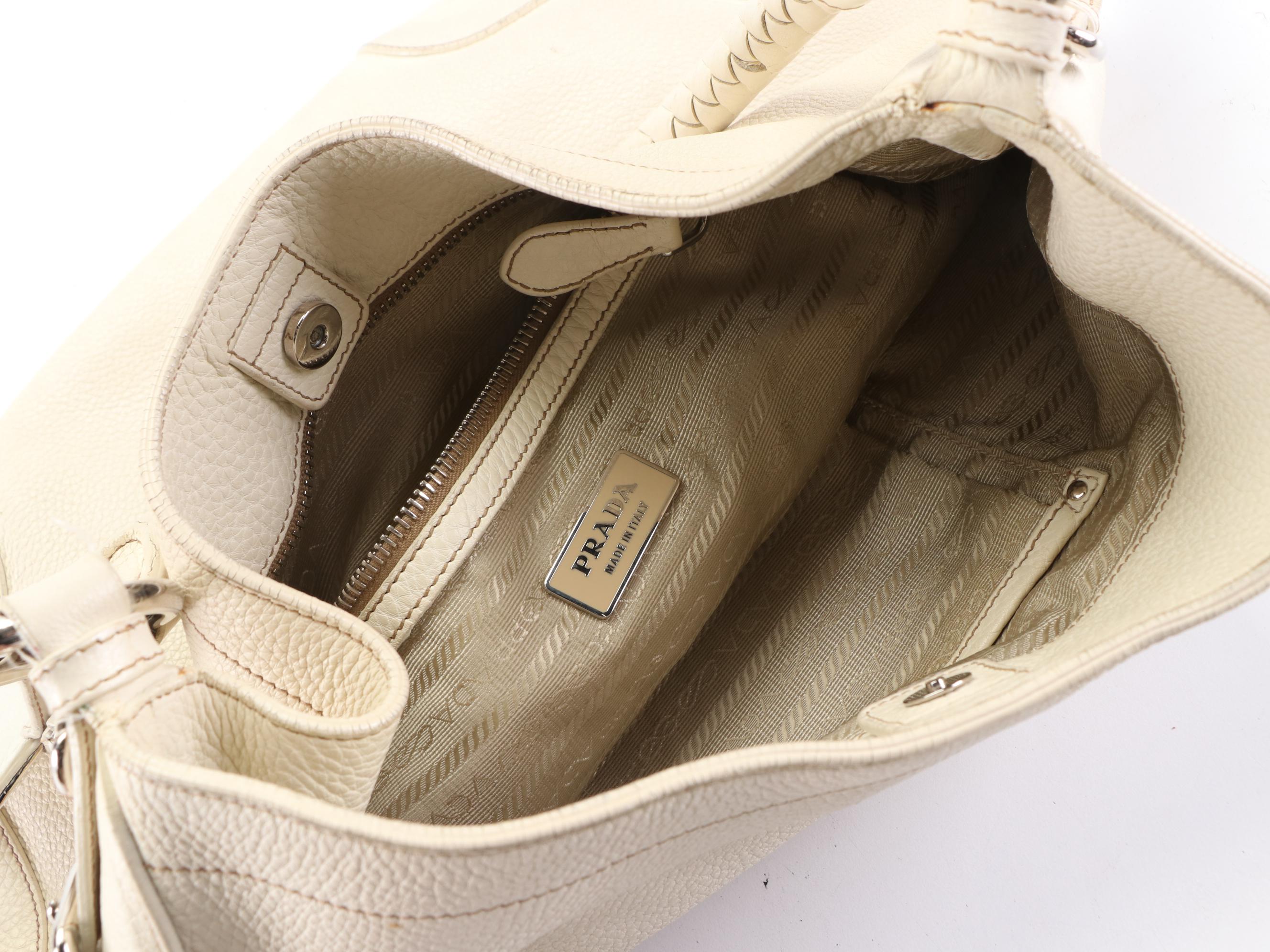 Prada Hobo Bag in Off-White Grained Leather