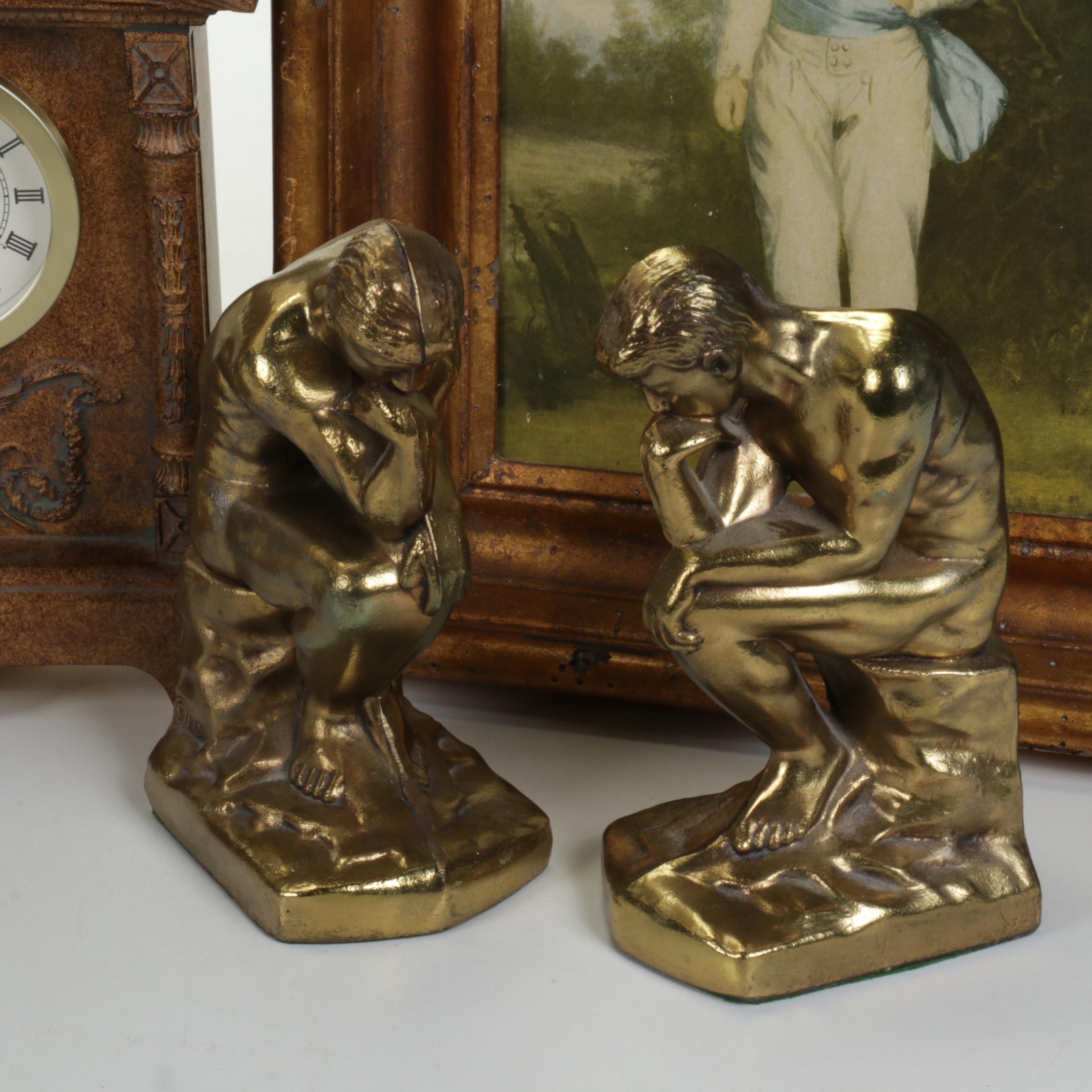 Brass Colored "The Thinker" Bookends With Table Lamp, Mantel Clock and More