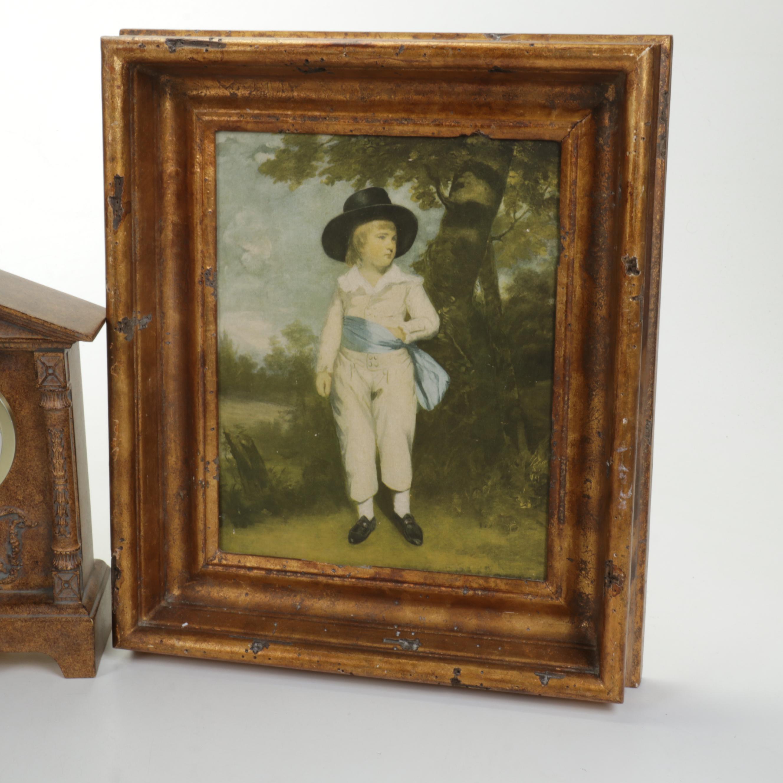 Brass Colored "The Thinker" Bookends With Table Lamp, Mantel Clock and More