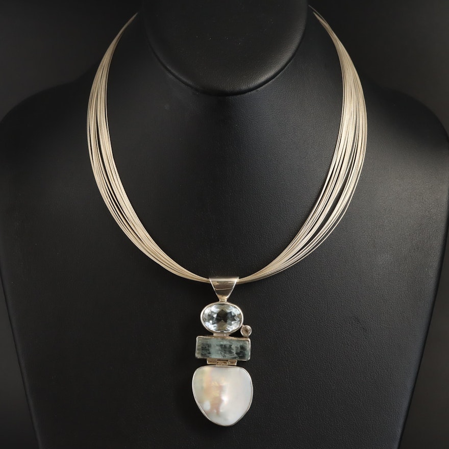 Starborn Creations Sterling Pearl, Tourmaline and Topaz Pendant Necklace