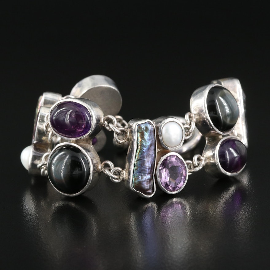 Sterling Rainbow Obsidian, Amethyst and Pearl Double Strand Bracelet