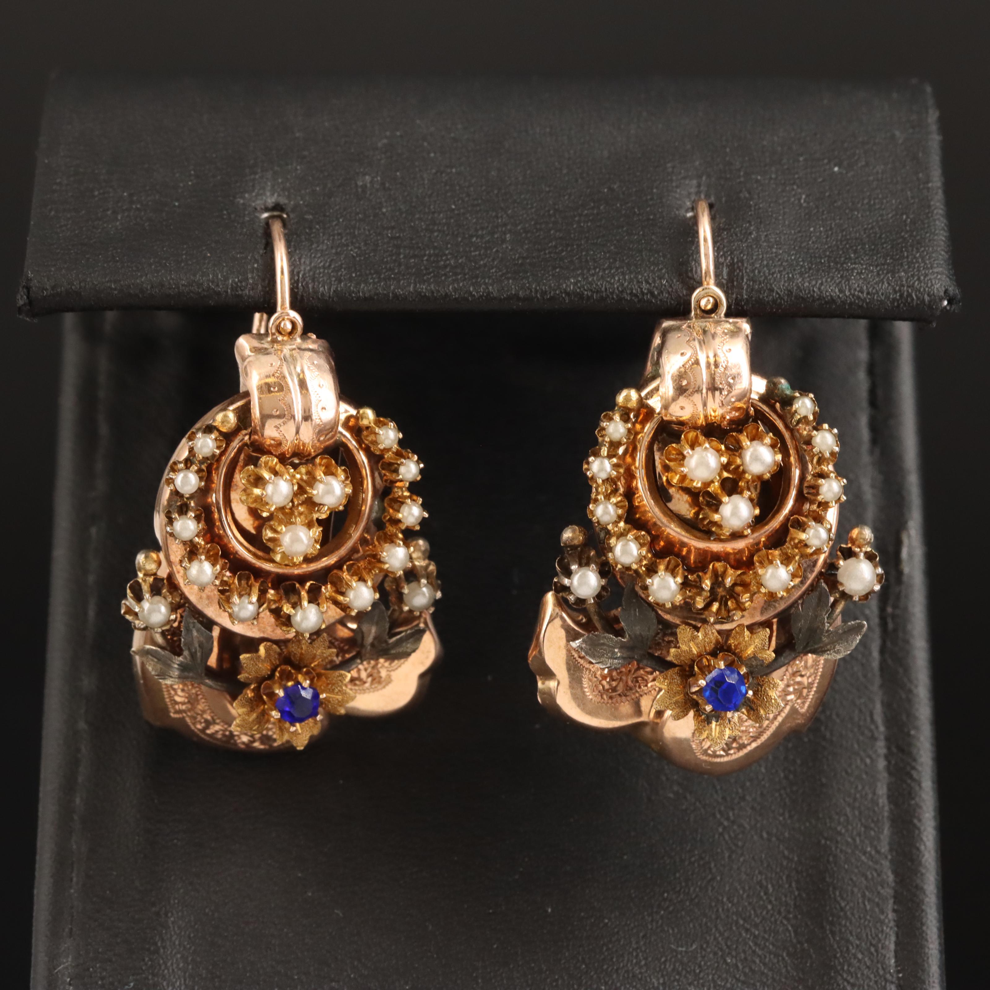 Victorian 10K Rose Gold Glass and Imitation Pearl Earrings