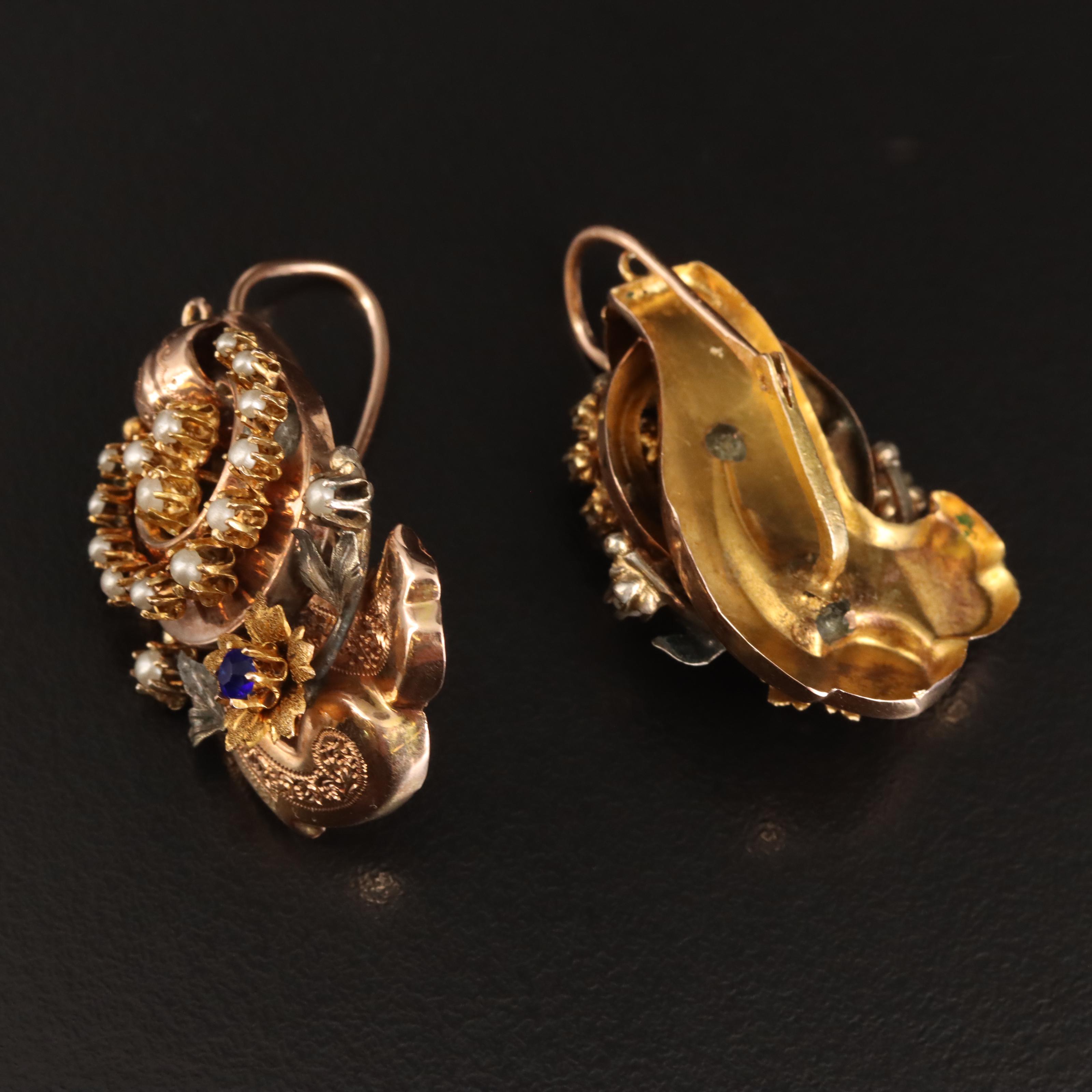 Victorian 10K Rose Gold Glass and Imitation Pearl Earrings