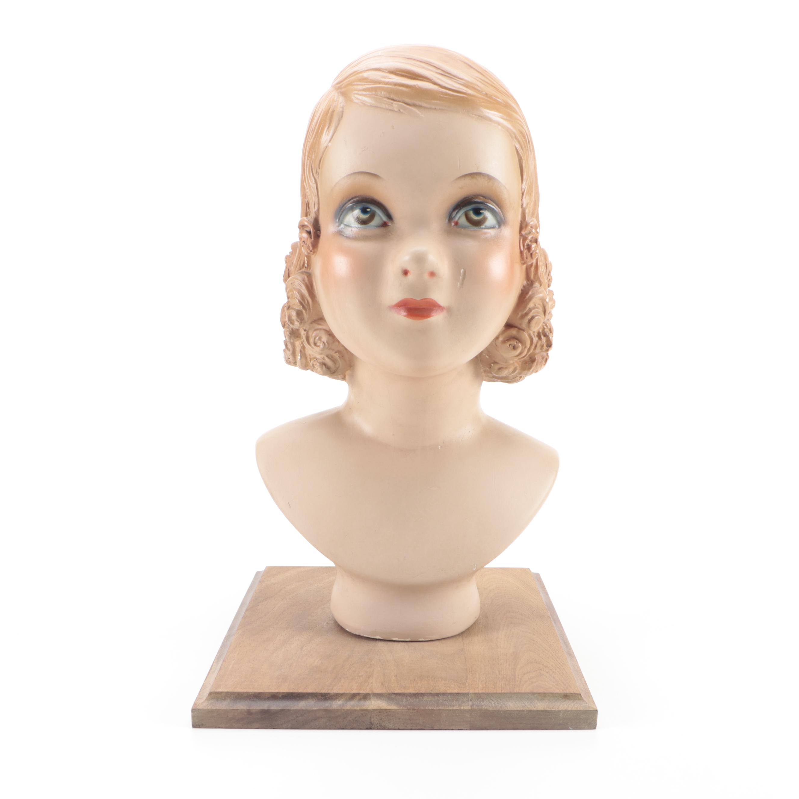 1920s Style Hand-Painted Plaster Mannequin Head With Stand