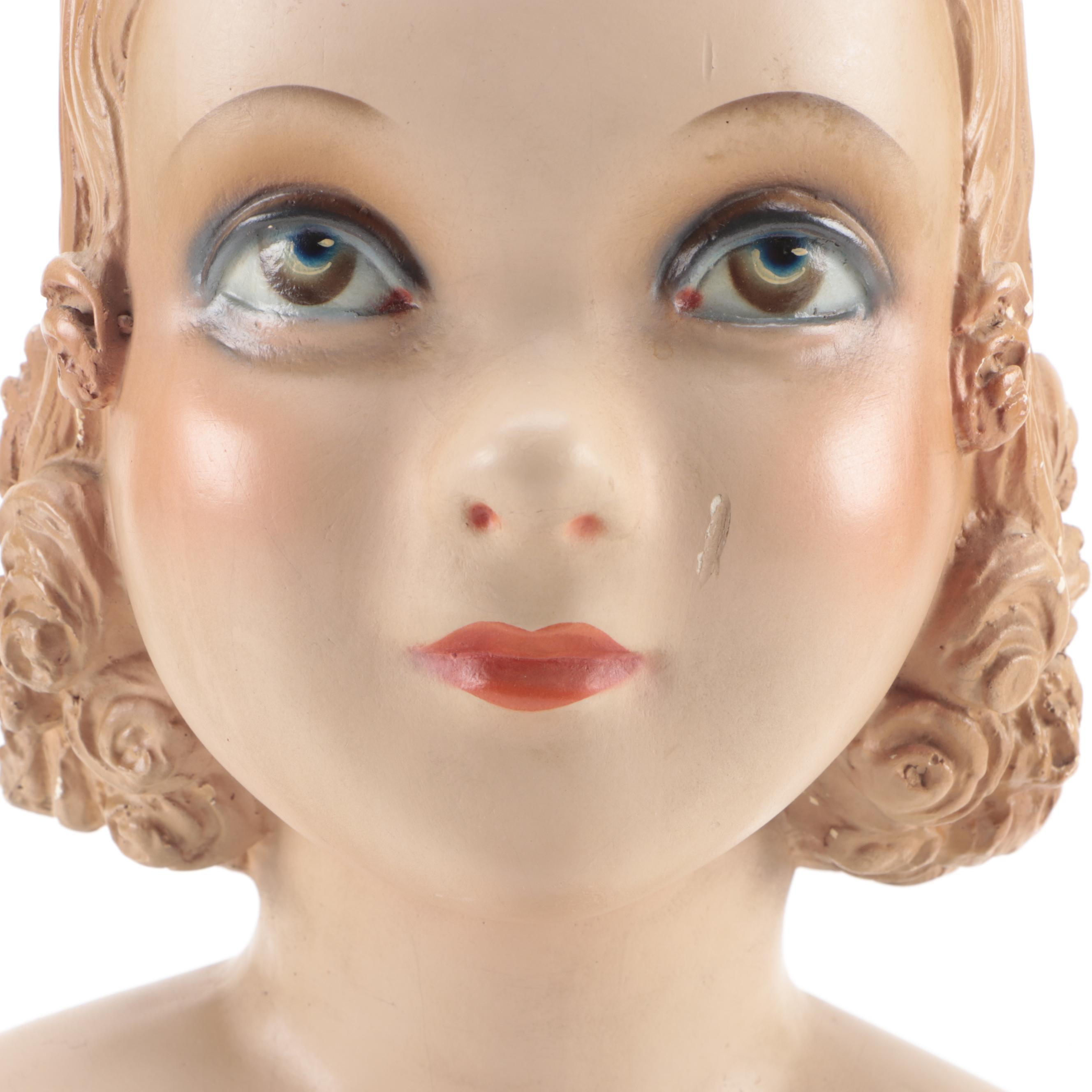 1920s Style Hand-Painted Plaster Mannequin Head With Stand