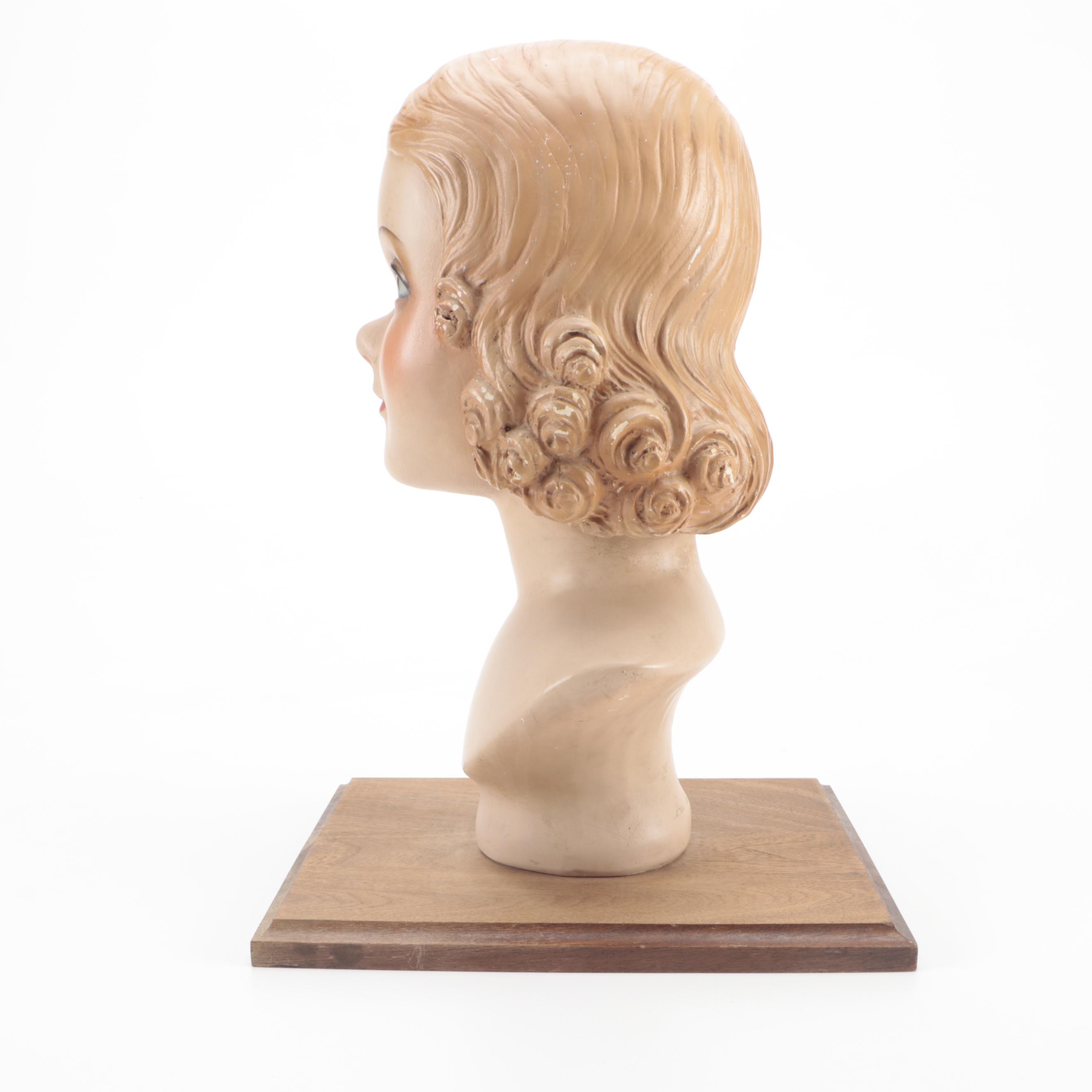 1920s Style Hand-Painted Plaster Mannequin Head With Stand