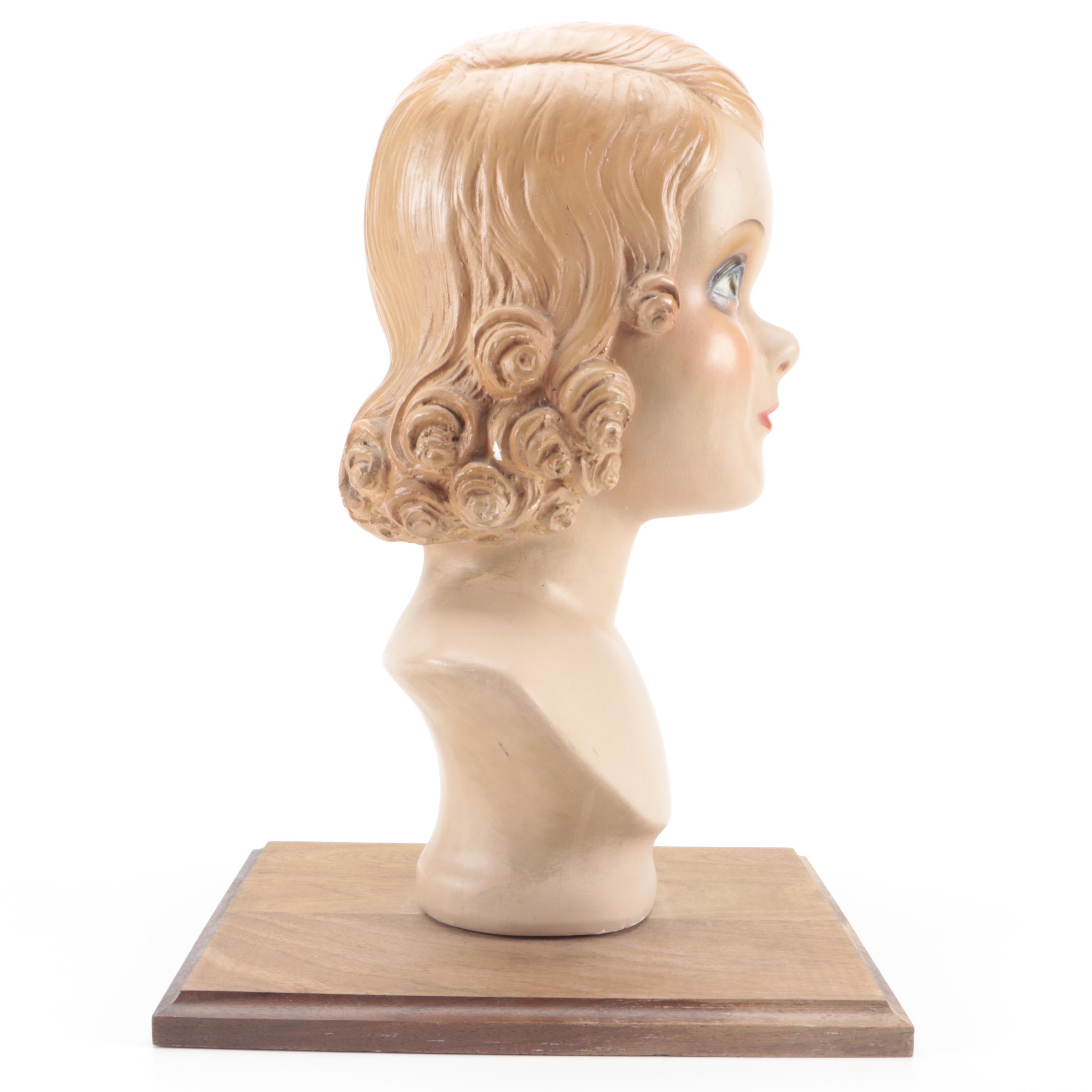 1920s Style Hand-Painted Plaster Mannequin Head With Stand