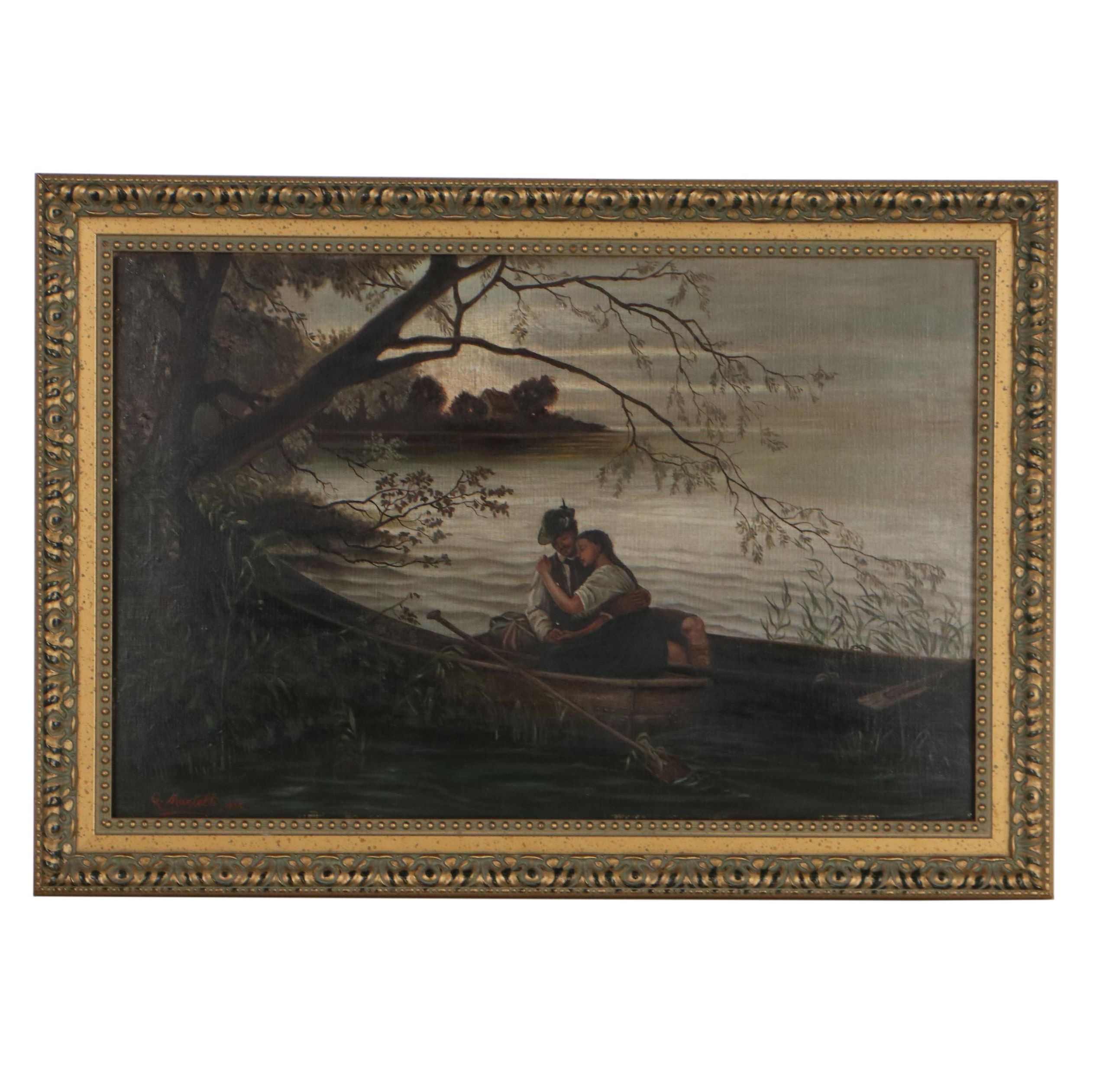 G. Martelli Oil Painting of Couple in Rowboat, 1933
