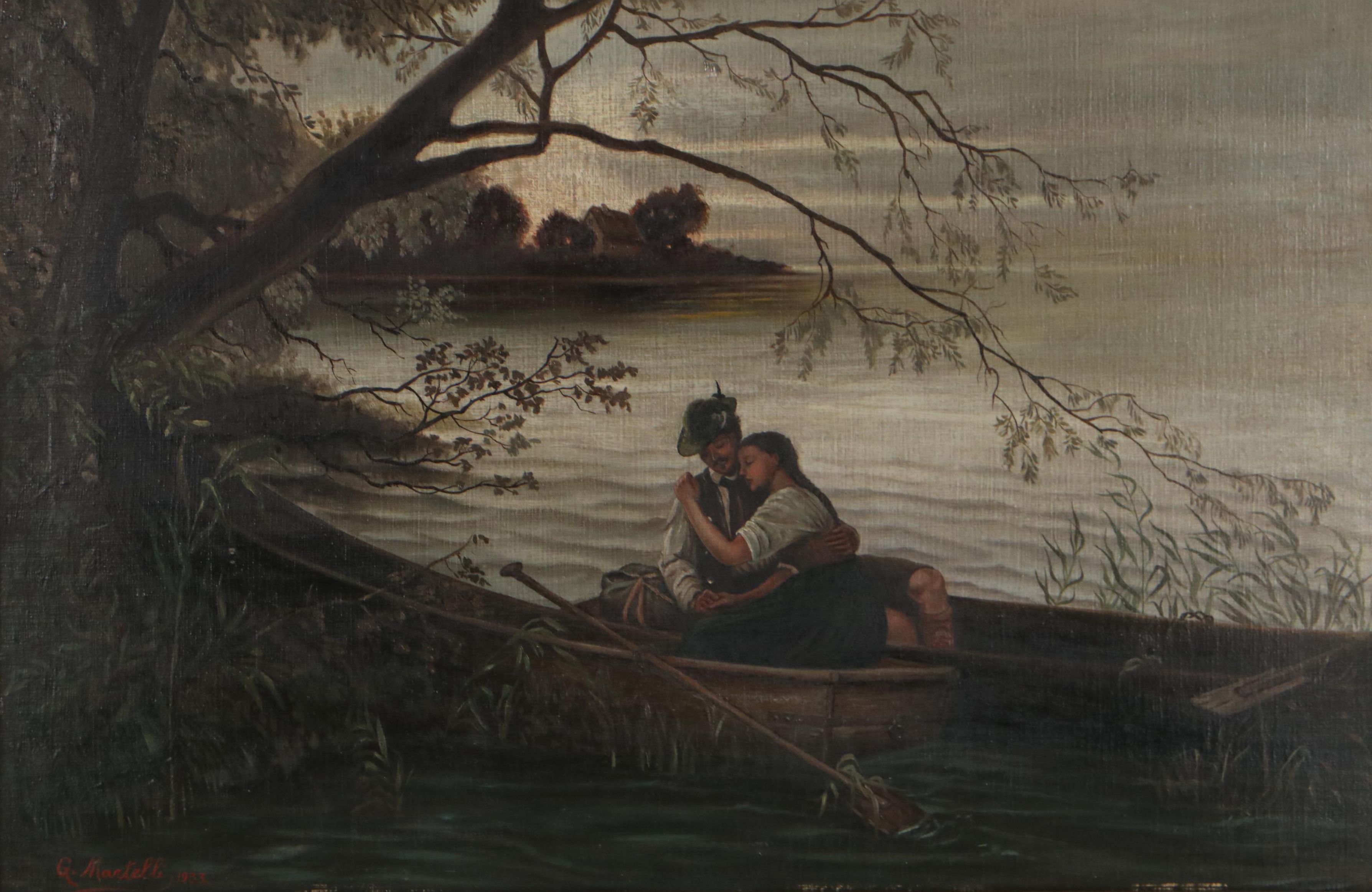 G. Martelli Oil Painting of Couple in Rowboat, 1933
