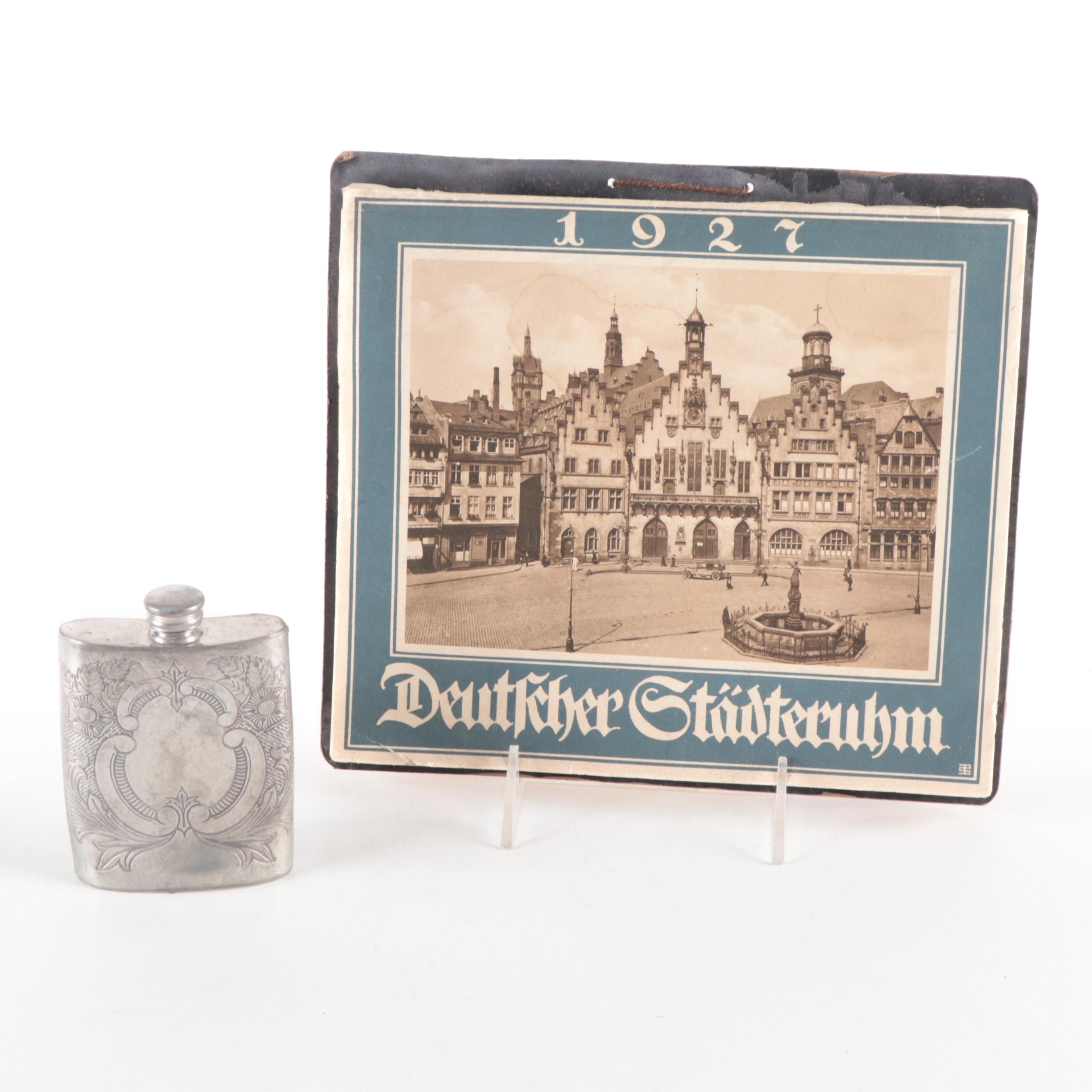 Sheffield English Pewter Chased Flask with German 1927 Famous Landmark Calendar