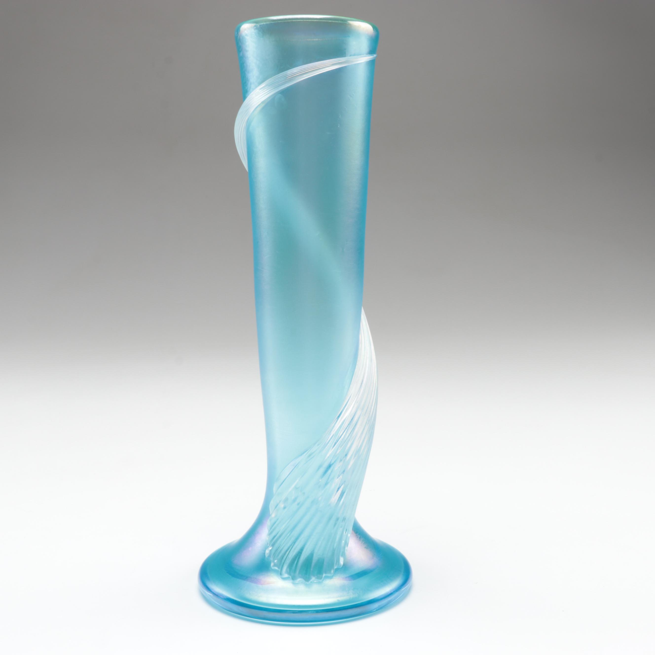 Zellique Art Glass Vase with Green Carnival Glass Tumblers and Other Glass Bowls