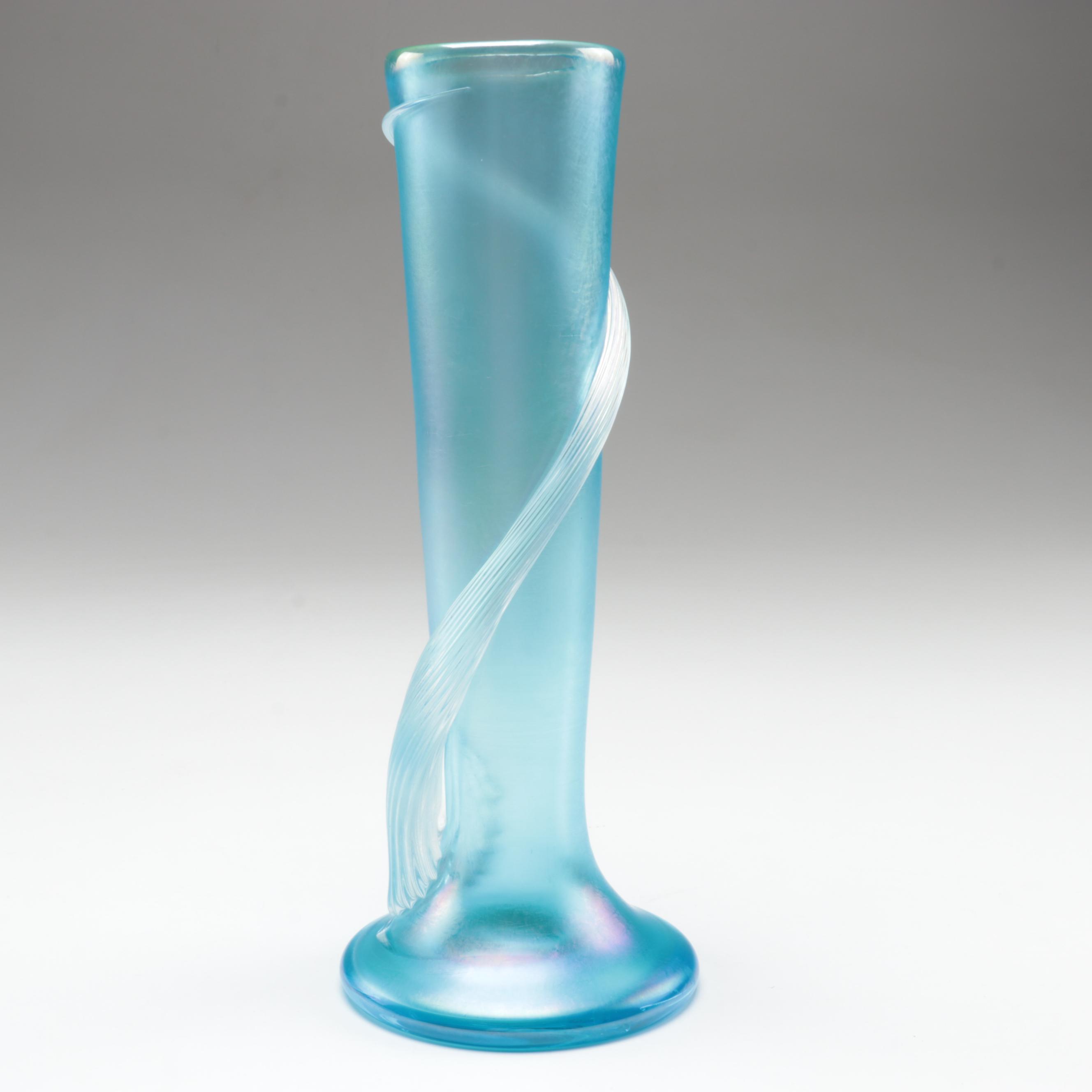 Zellique Art Glass Vase with Green Carnival Glass Tumblers and Other Glass Bowls