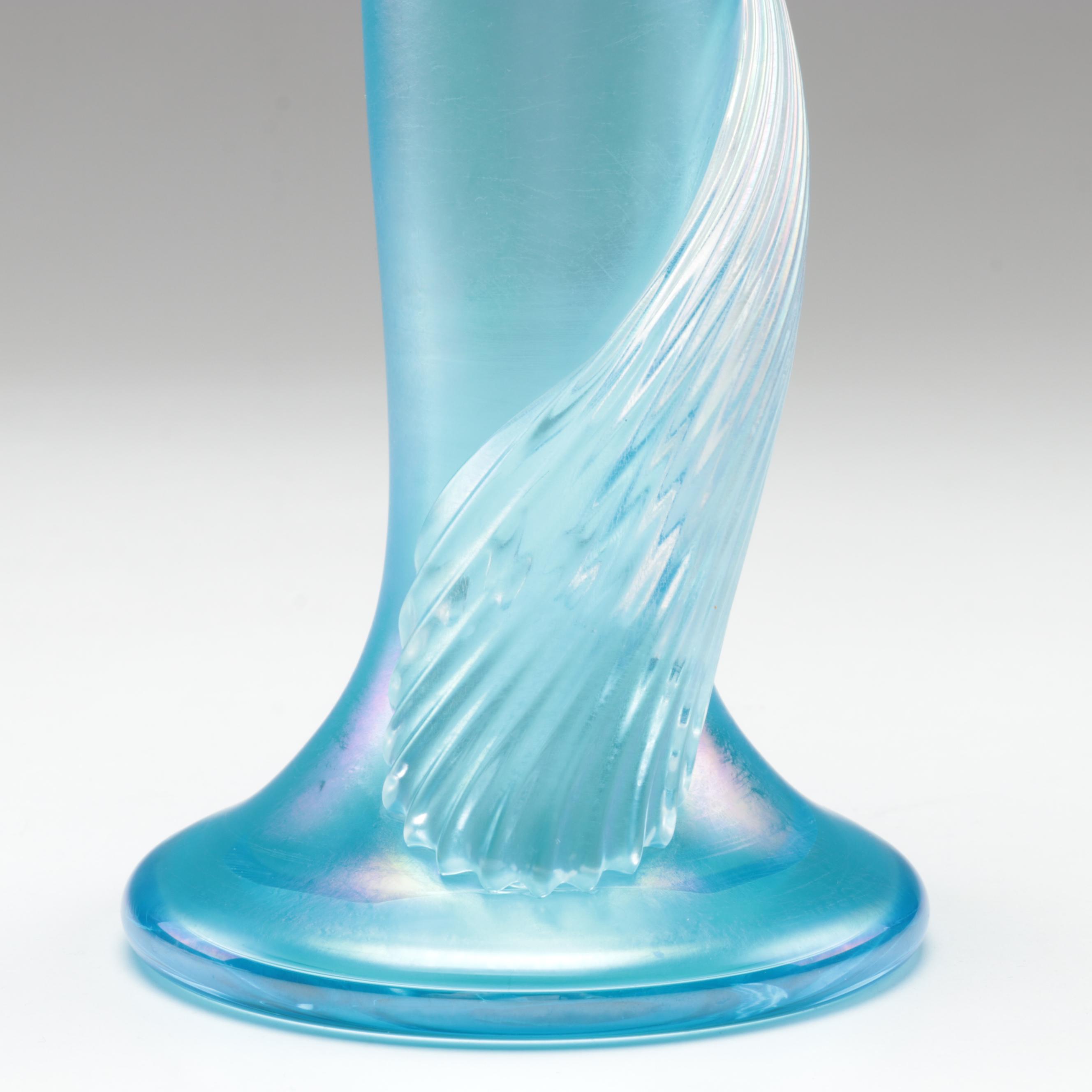 Zellique Art Glass Vase with Green Carnival Glass Tumblers and Other Glass Bowls