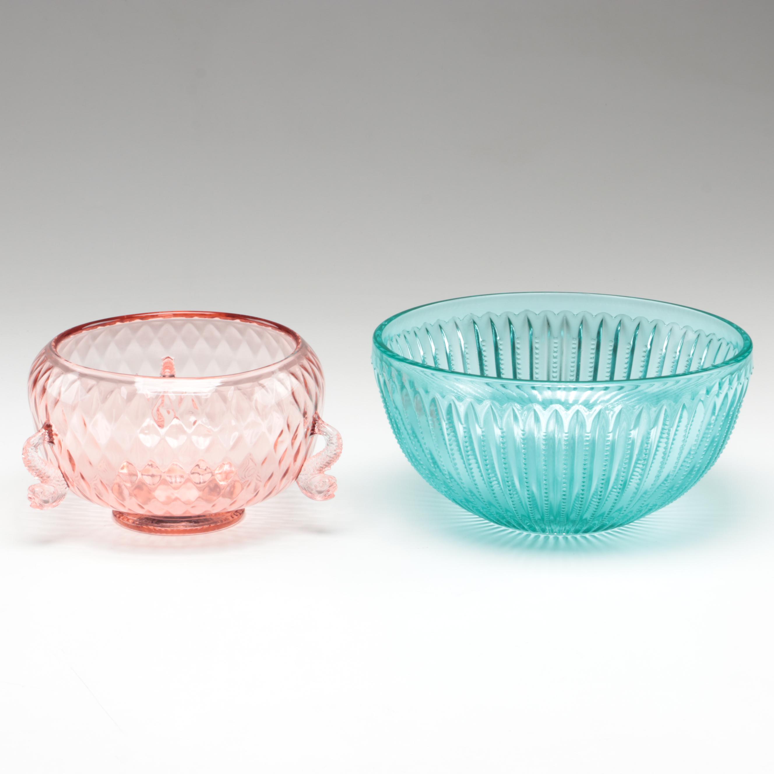 Zellique Art Glass Vase with Green Carnival Glass Tumblers and Other Glass Bowls