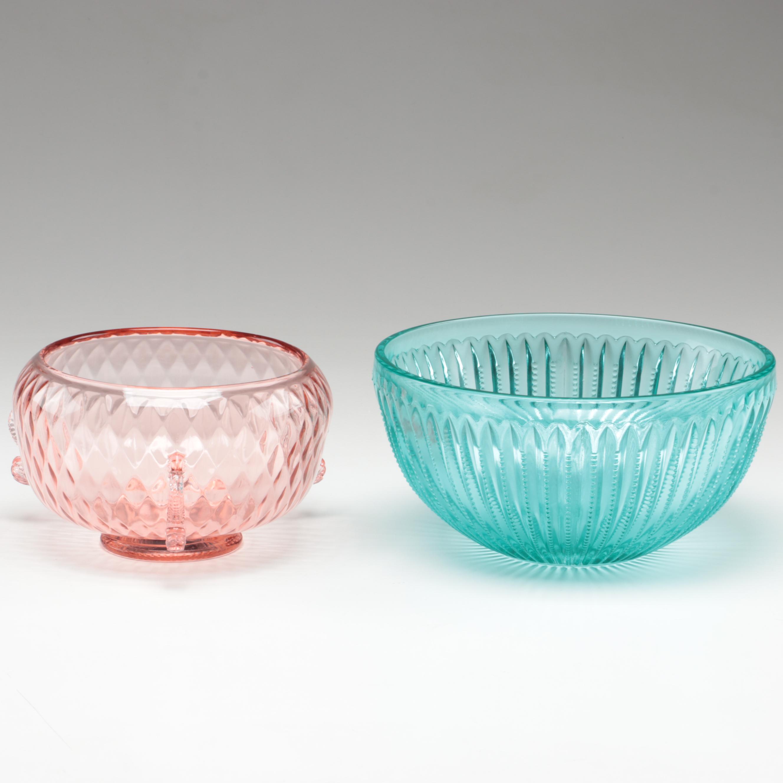 Zellique Art Glass Vase with Green Carnival Glass Tumblers and Other Glass Bowls