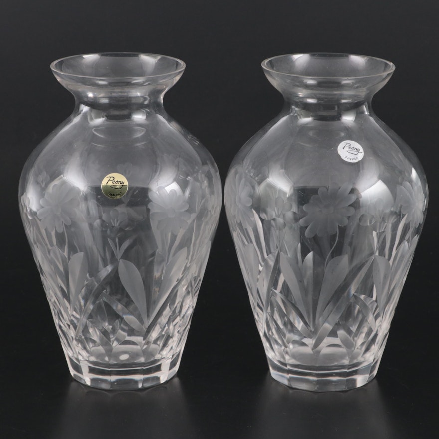 Pair of Peony Cut Crystal Flower Vases