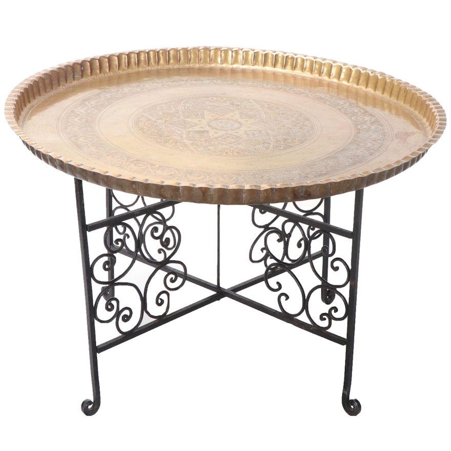 Moroccan Etched Brass Tray Table on Wrought Iron Stand, Mid to Late 20th Century