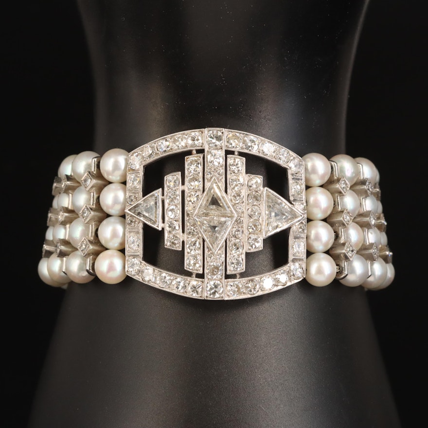 Art Deco Style Platinum and 14K 8.52 CTW Diamond and Pearl Bracelet