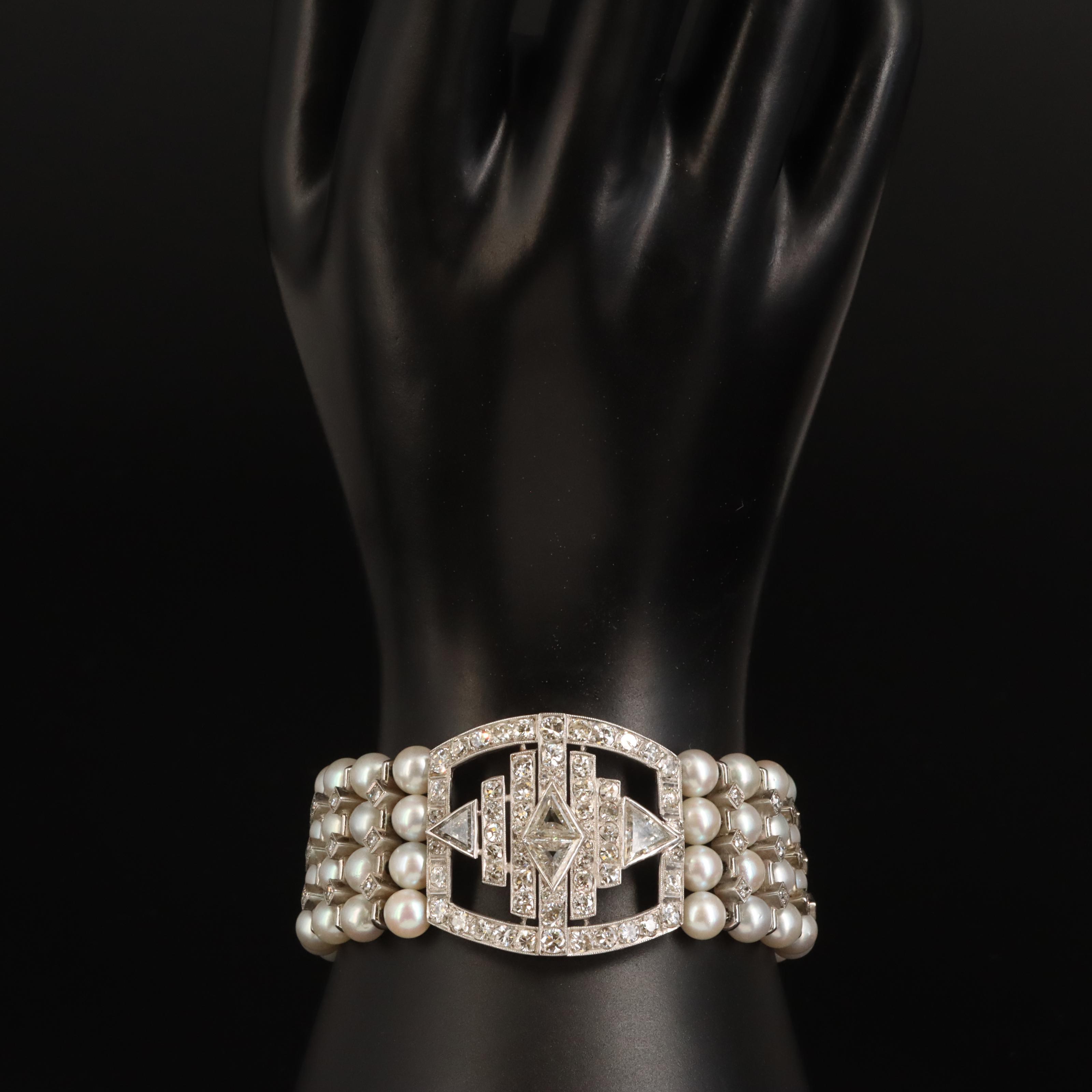 Art Deco Style Platinum and 14K 8.52 CTW Diamond and Pearl Bracelet