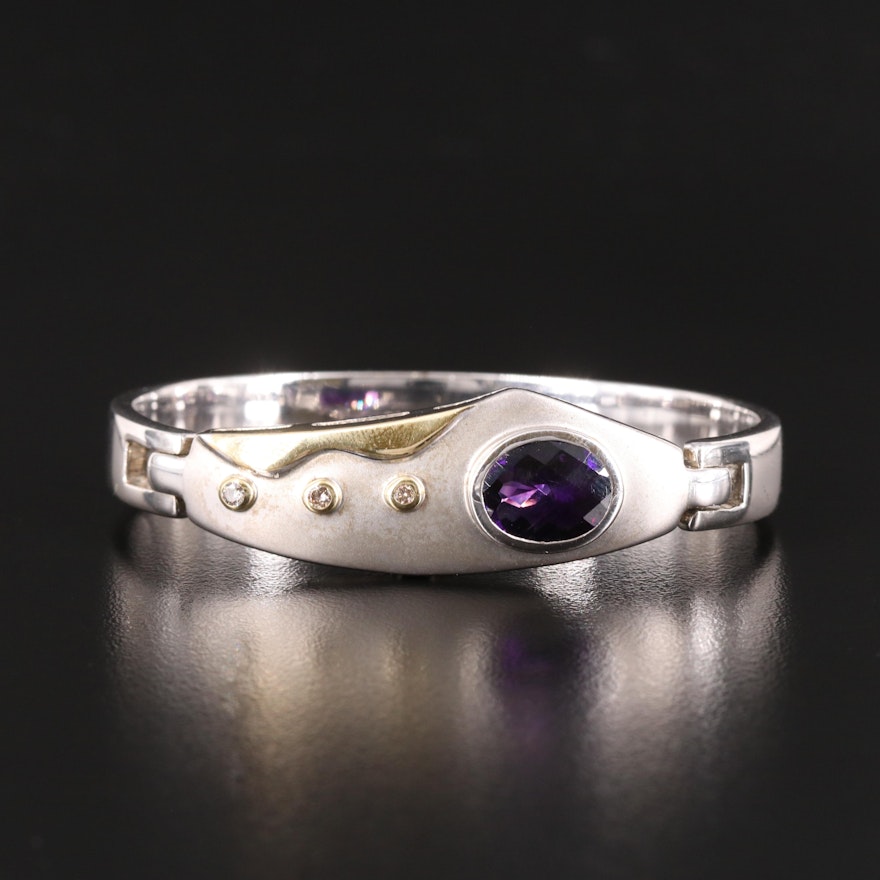 Sterling Amethyst and Diamond Hinged Bangle with 18K Accents
