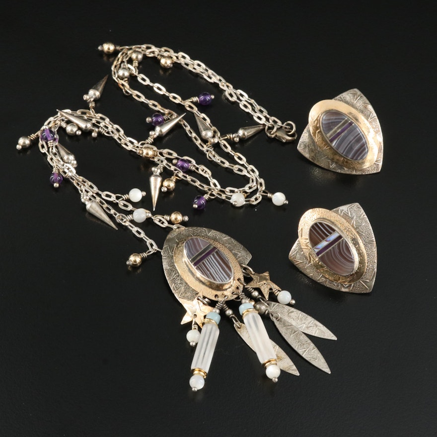 Tabra Tunoa Agate, Amethyst and Mother-of-Pearl Necklace and Earring Set