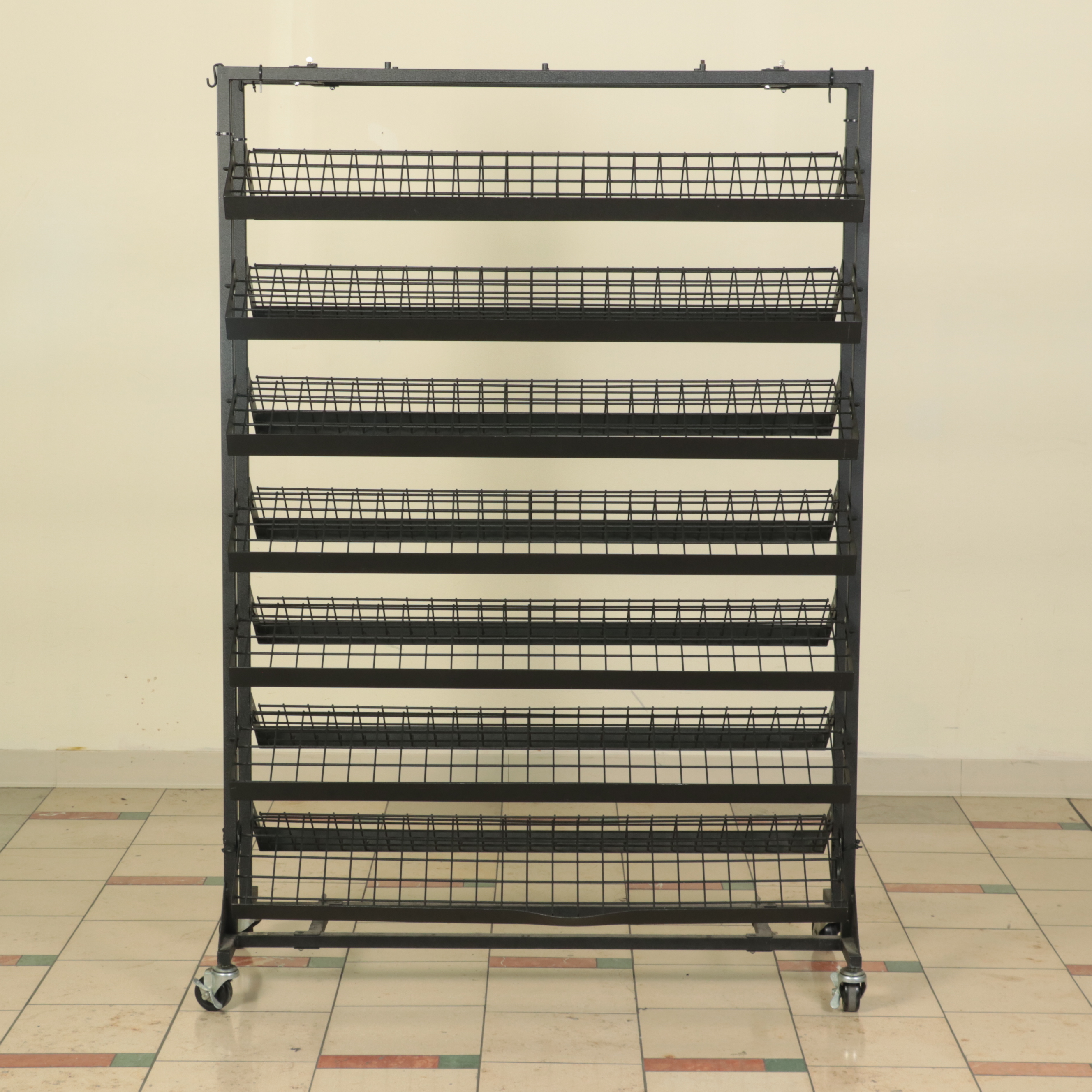 Industrial Metal Rolling Storage Display Rack with Angled Folding Shelves