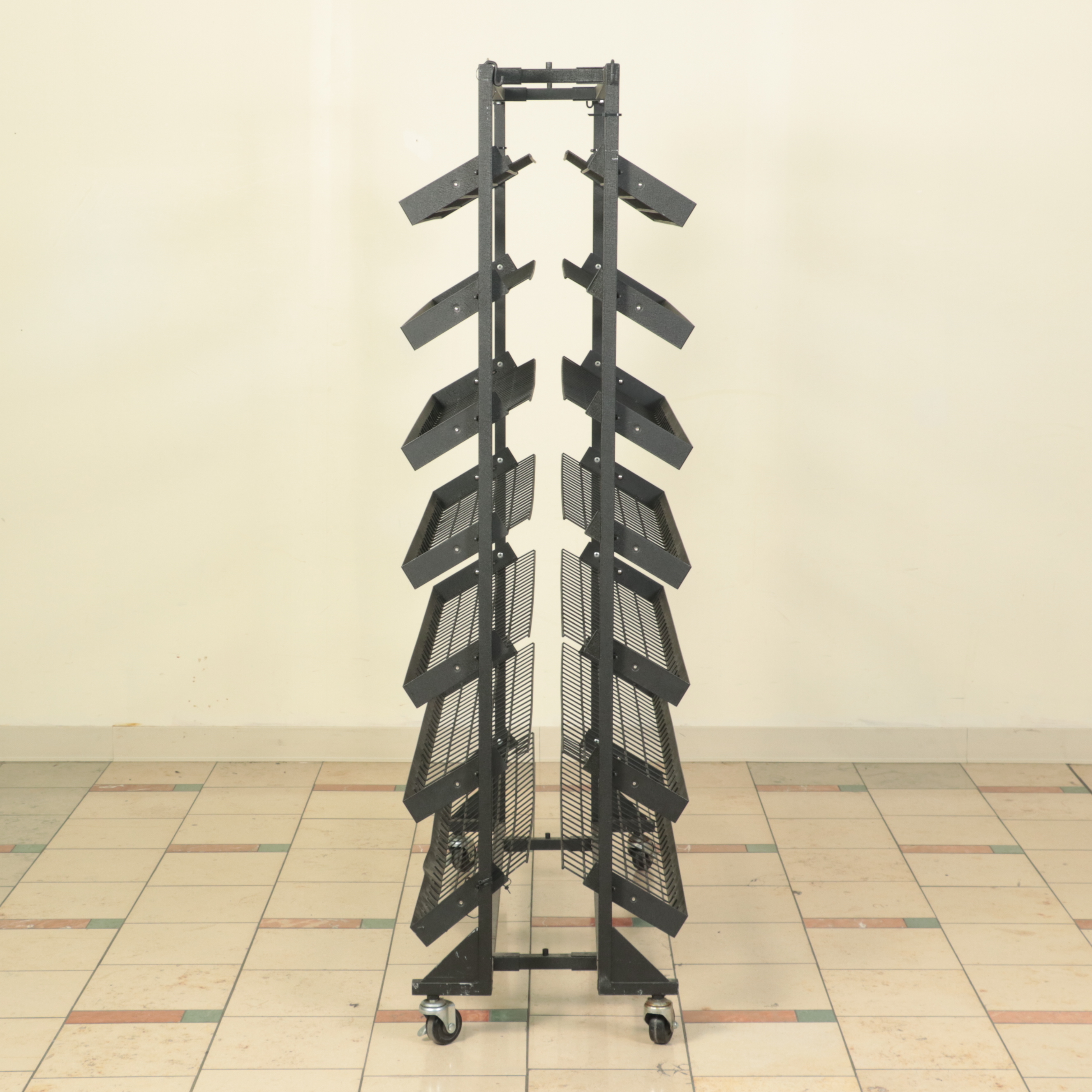 Industrial Metal Rolling Storage Display Rack with Angled Folding Shelves