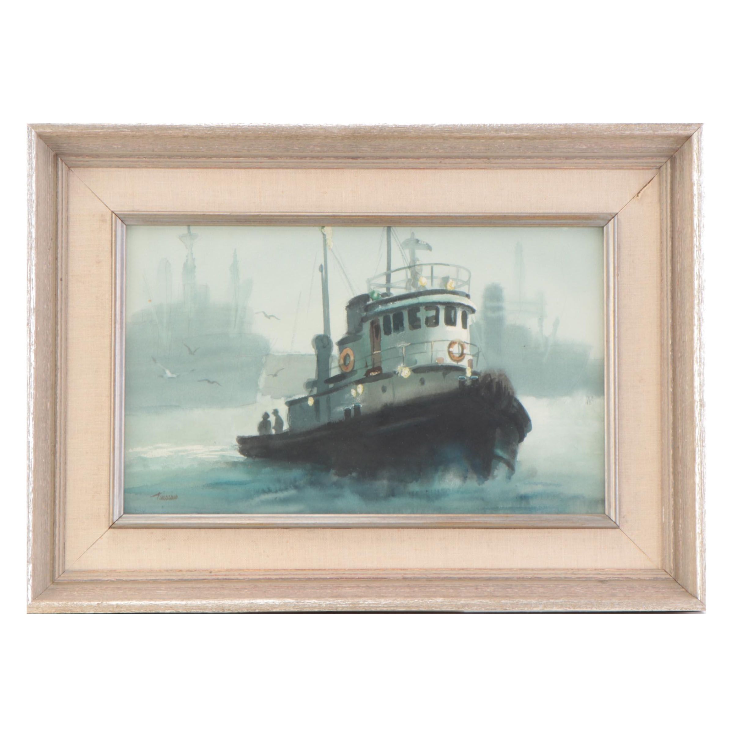 Oil Painting Attributed to William Frederick Timmins "Houston Tug Boat"