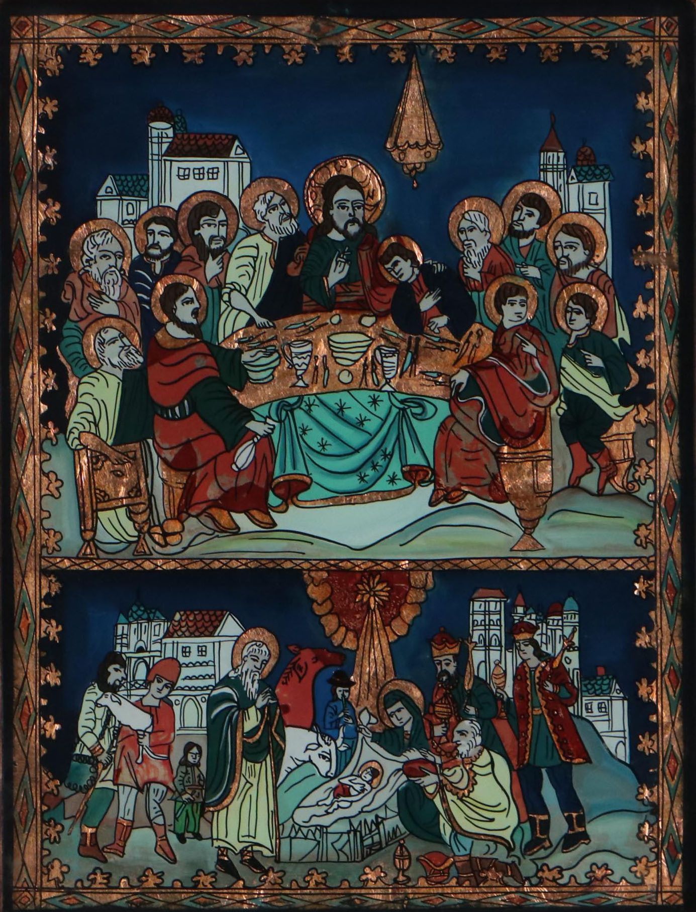Ioana Corujan Reverse Glass Painting of the Last Supper and Birth of Jesus
