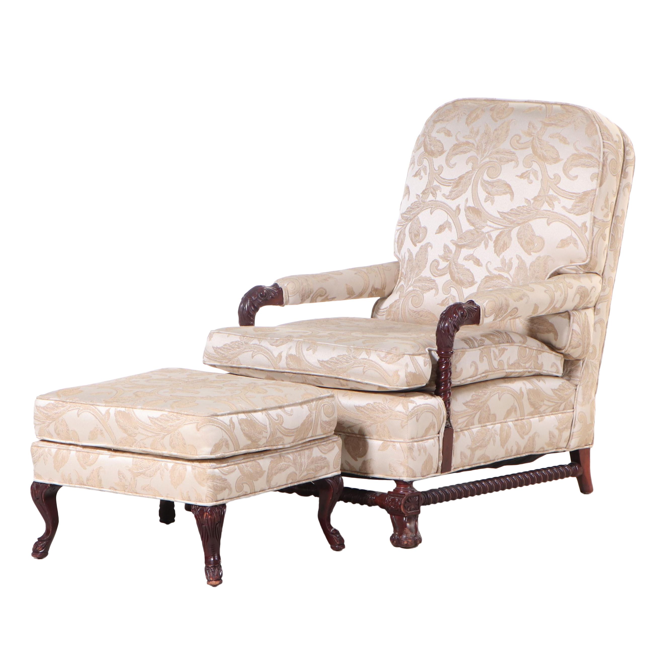 Baroque Style Mahogany and CustomUpholstered Easy Armchair and Ottoman