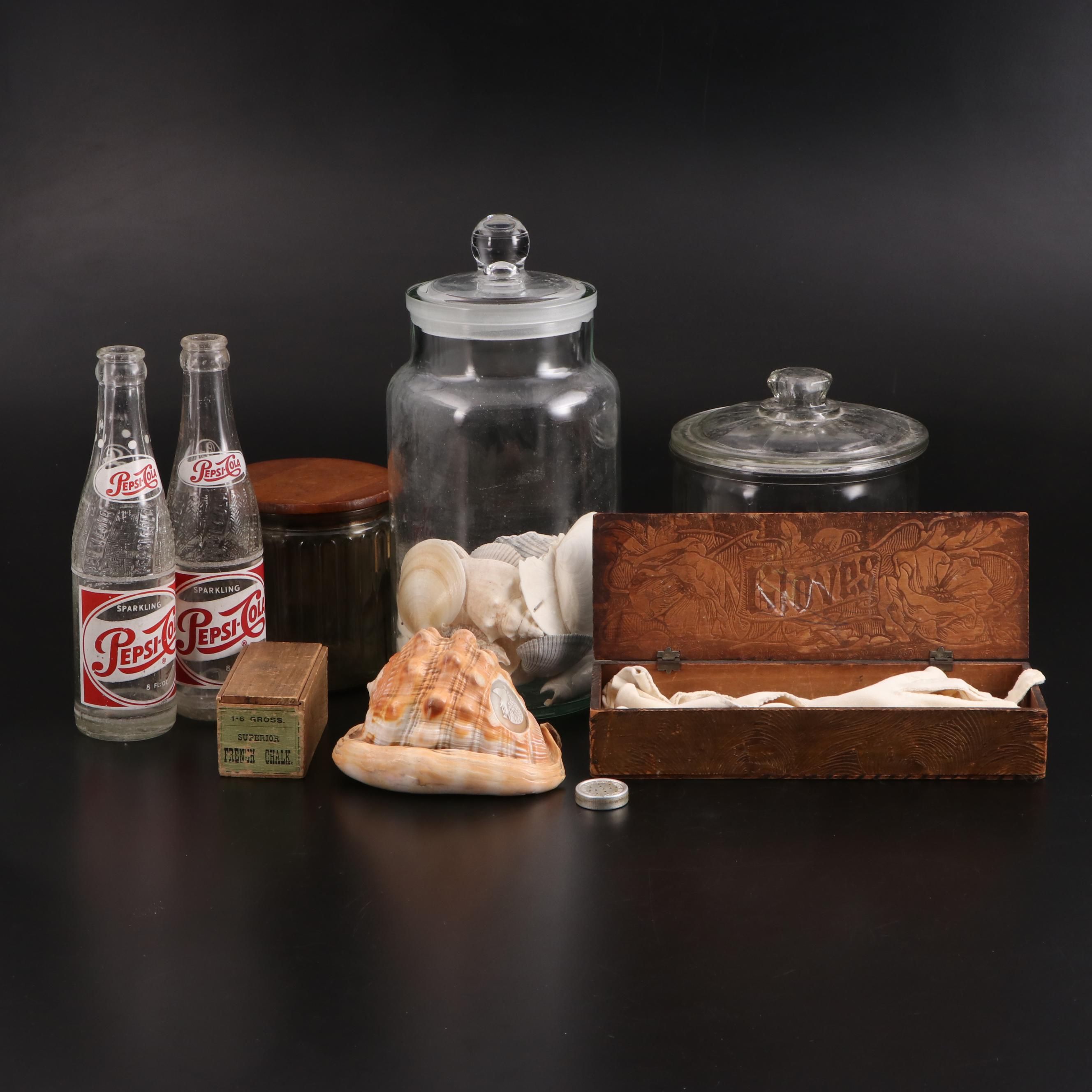 King Helmet Conch Shell Carved Cameo with Cigar and Other Jars and Decor