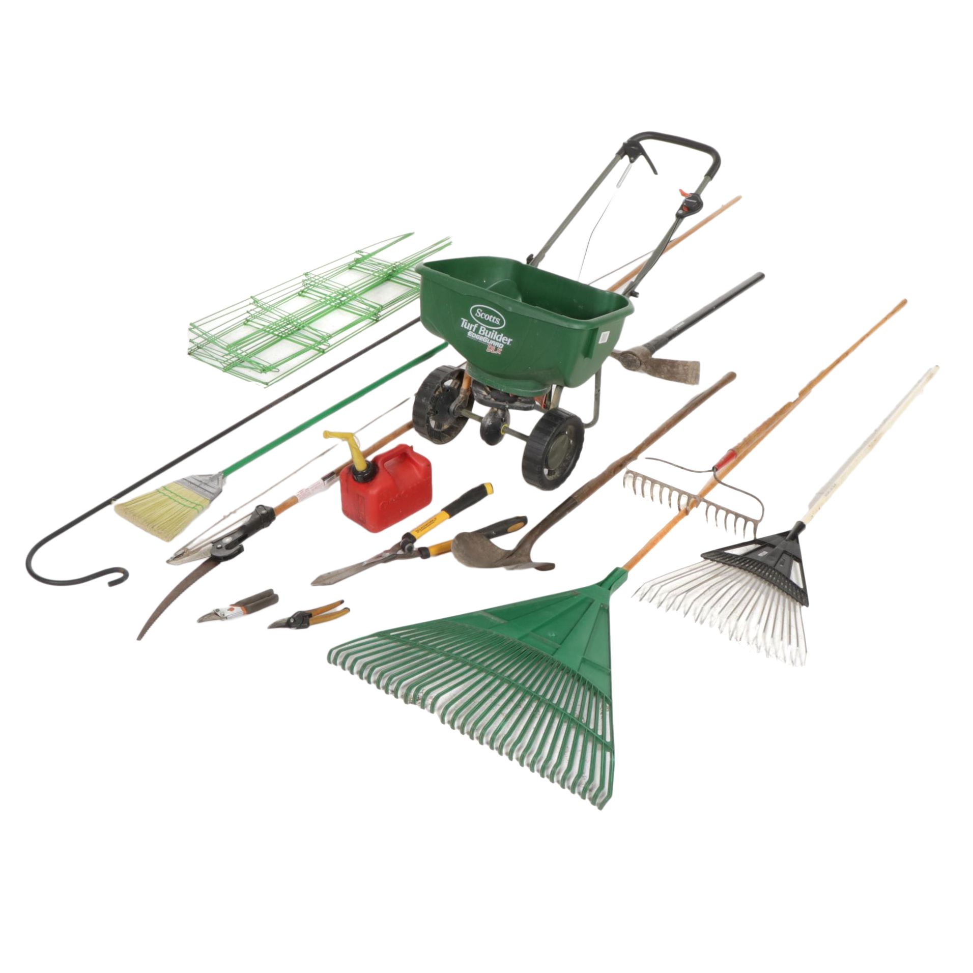 Scotts Turfbuilder Lawn Spreader and Wallace Tree Pruner with Garden Implements
