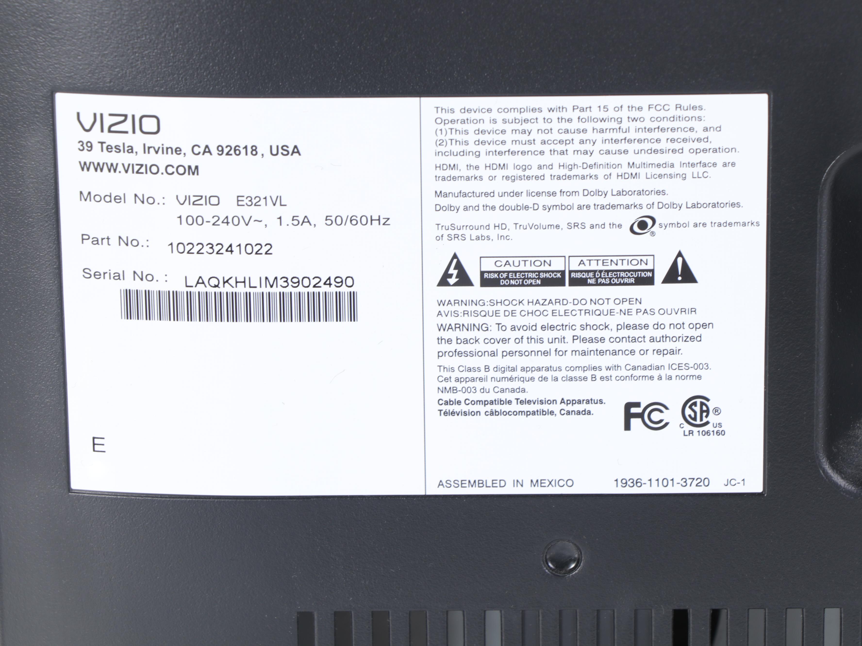 Vizio 32" E321VL Flat Screen Television With Remote