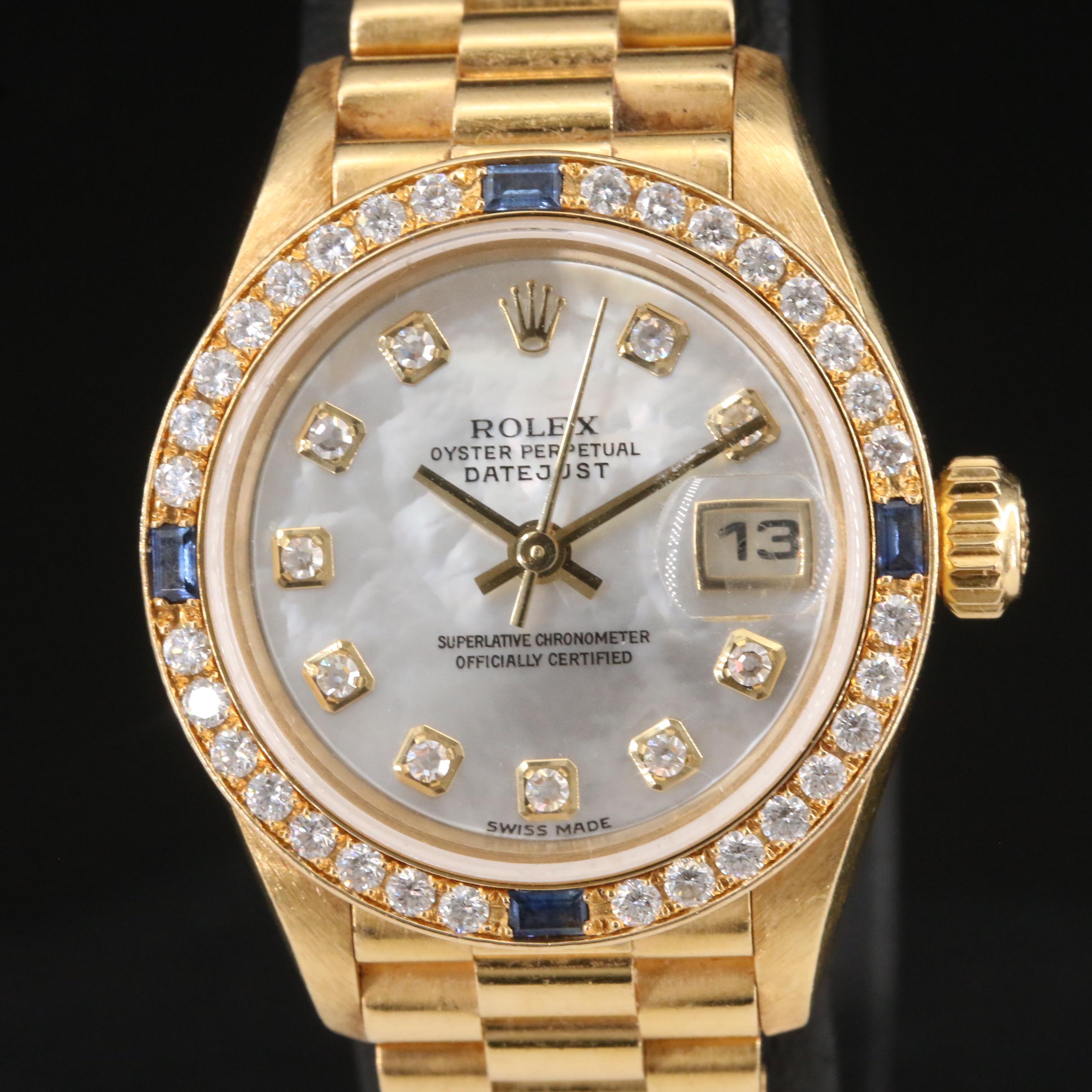 18K Rolex Datejust Diamond Dial and Sapphire Bezel President Band Watch