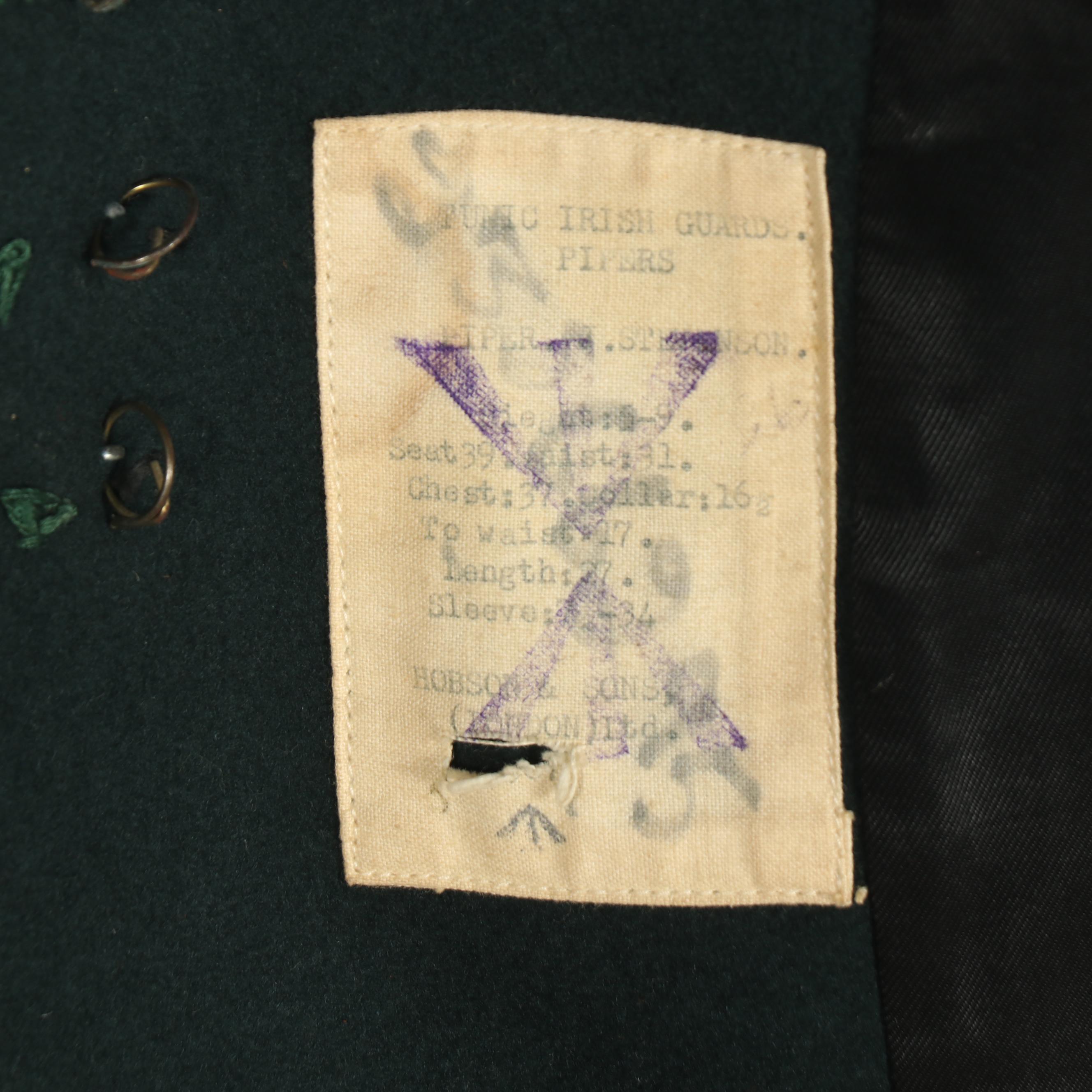 WWI Era British Army Irish Guards Piper Rifle Green Doublet